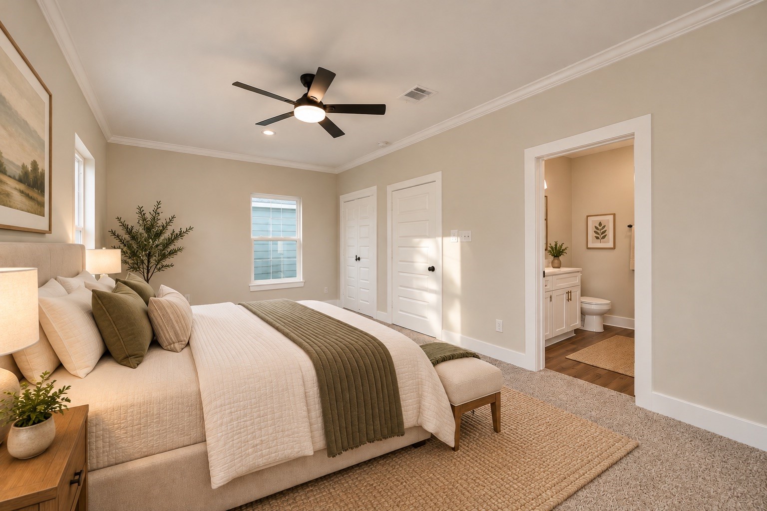 Another view of the primary bedroom highlights its generous proportions, neutral finishes, and tray ceiling. The adjoining en-suite bathroom includes dual sinks and a soaking tub. | Virtually Staged