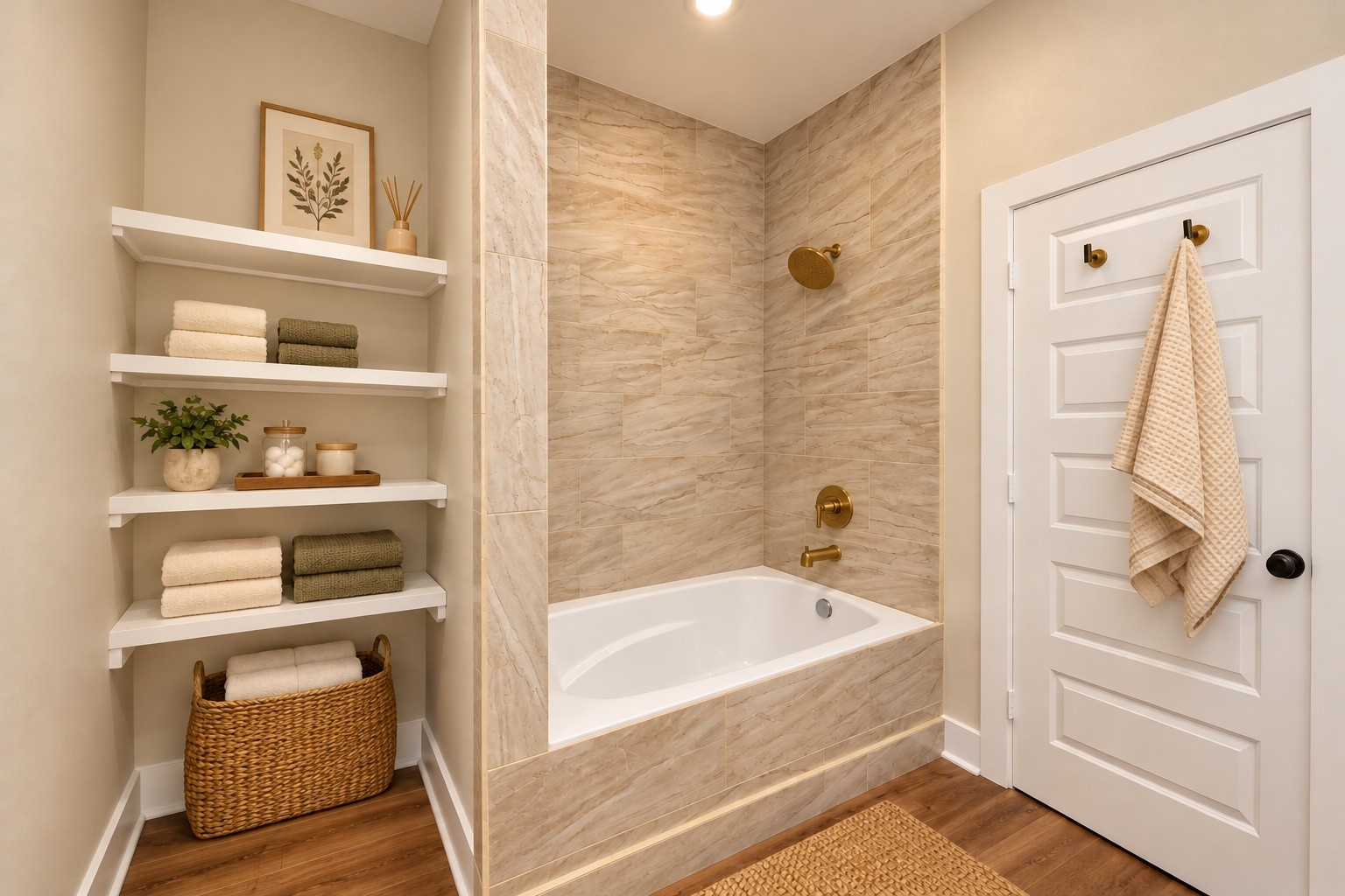 Another look at the primary bathroom highlights the separate soaking tub, decorative tile finishes, and built-in shelving, providing additional storage and a relaxing space to unwind. | Virtually Staged