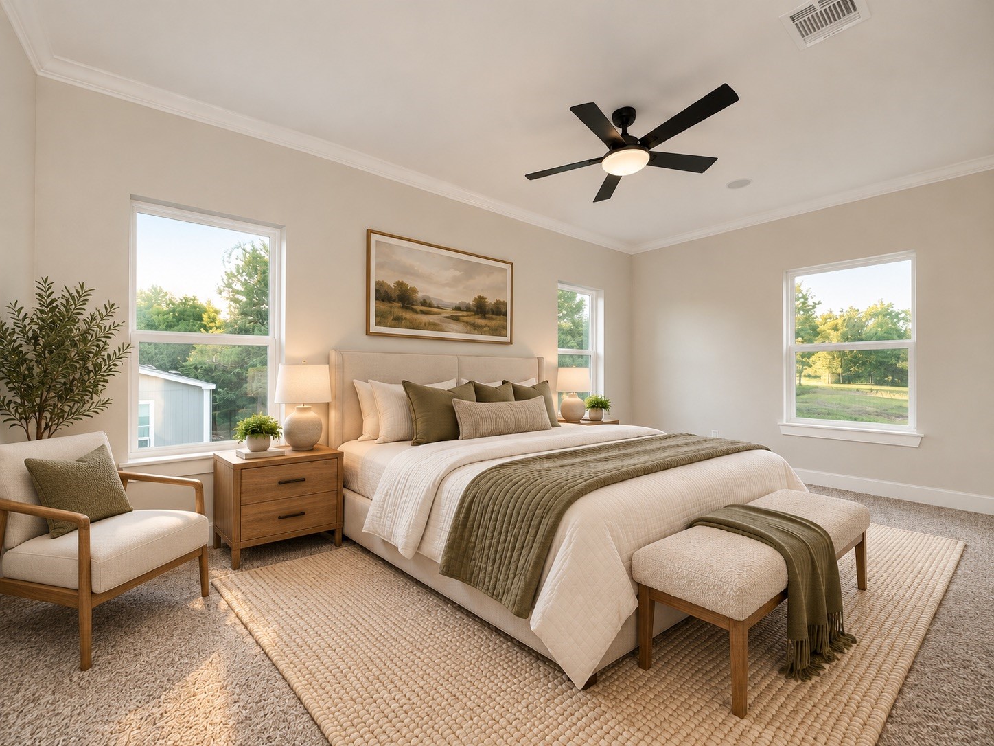 Located on the second floor, the spacious primary suite measures approximately 18 x 11 feet and features a tray ceiling, ceiling fan, natural light, and a comfortable layout with access to its private bathroom and walk-in closet. | Virtually Staged