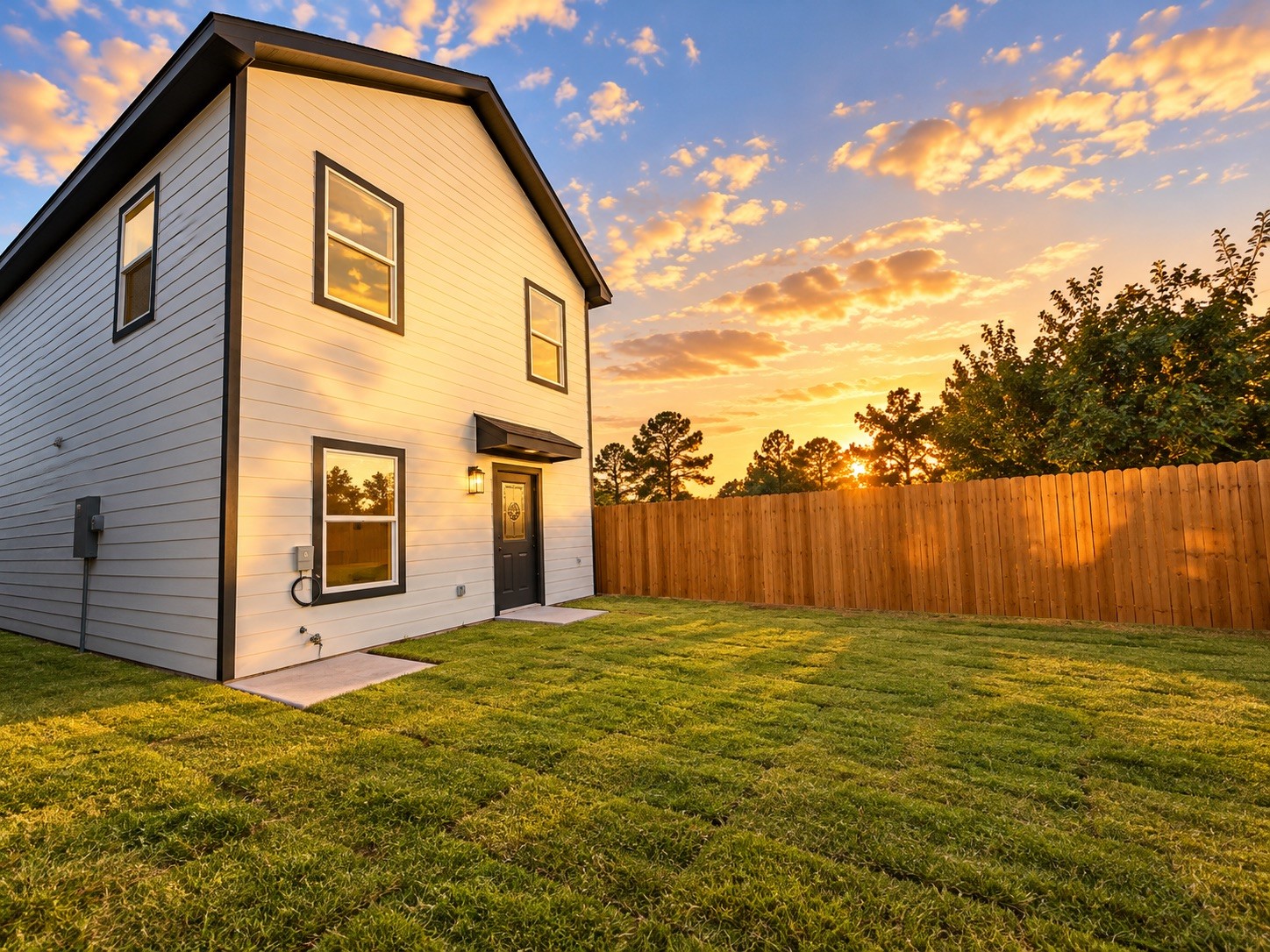 The fenced backyard offers private outdoor space with room for relaxing, gardening, or enjoying time outside. The home's rear elevation continues the clean architectural style found throughout the property.