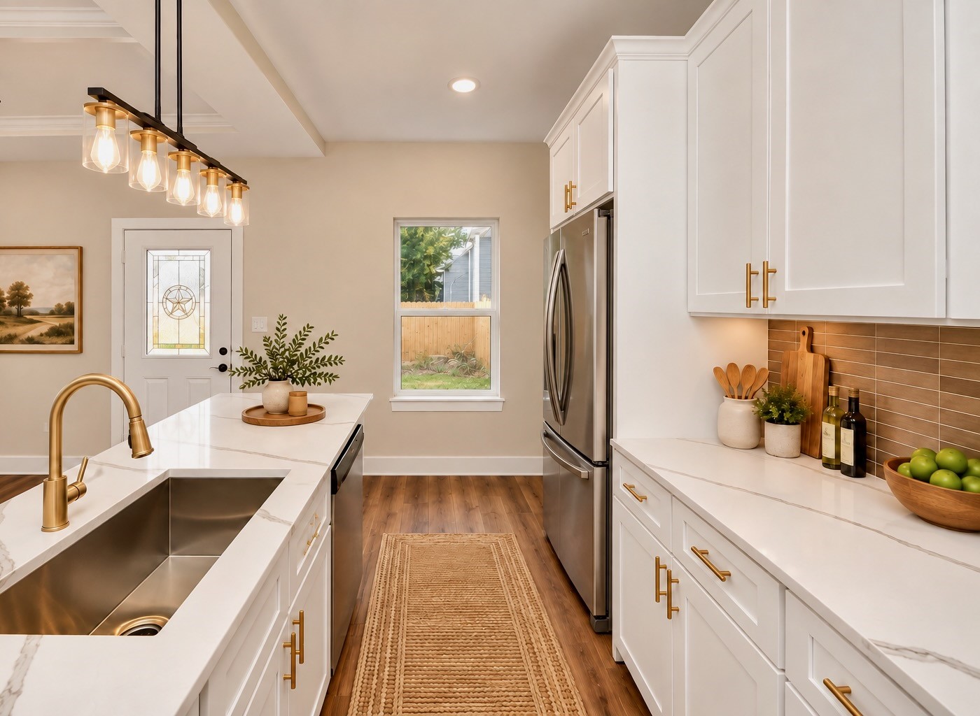 The kitchen features quartz countertops, a spacious center island, pendant lighting, white soft-close cabinetry, and a decorative backsplash. Stainless steel appliances and modern fixtures complete the design. | Virtually Staged