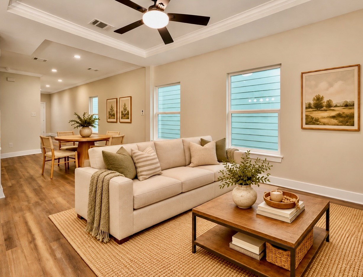 Looking back toward the family room, the open layout creates a natural connection between the kitchen, dining, and living areas. Nine-foot ceilings, luxury vinyl plank flooring, and recessed lighting enhance the spacious feel. | Virtually Staged