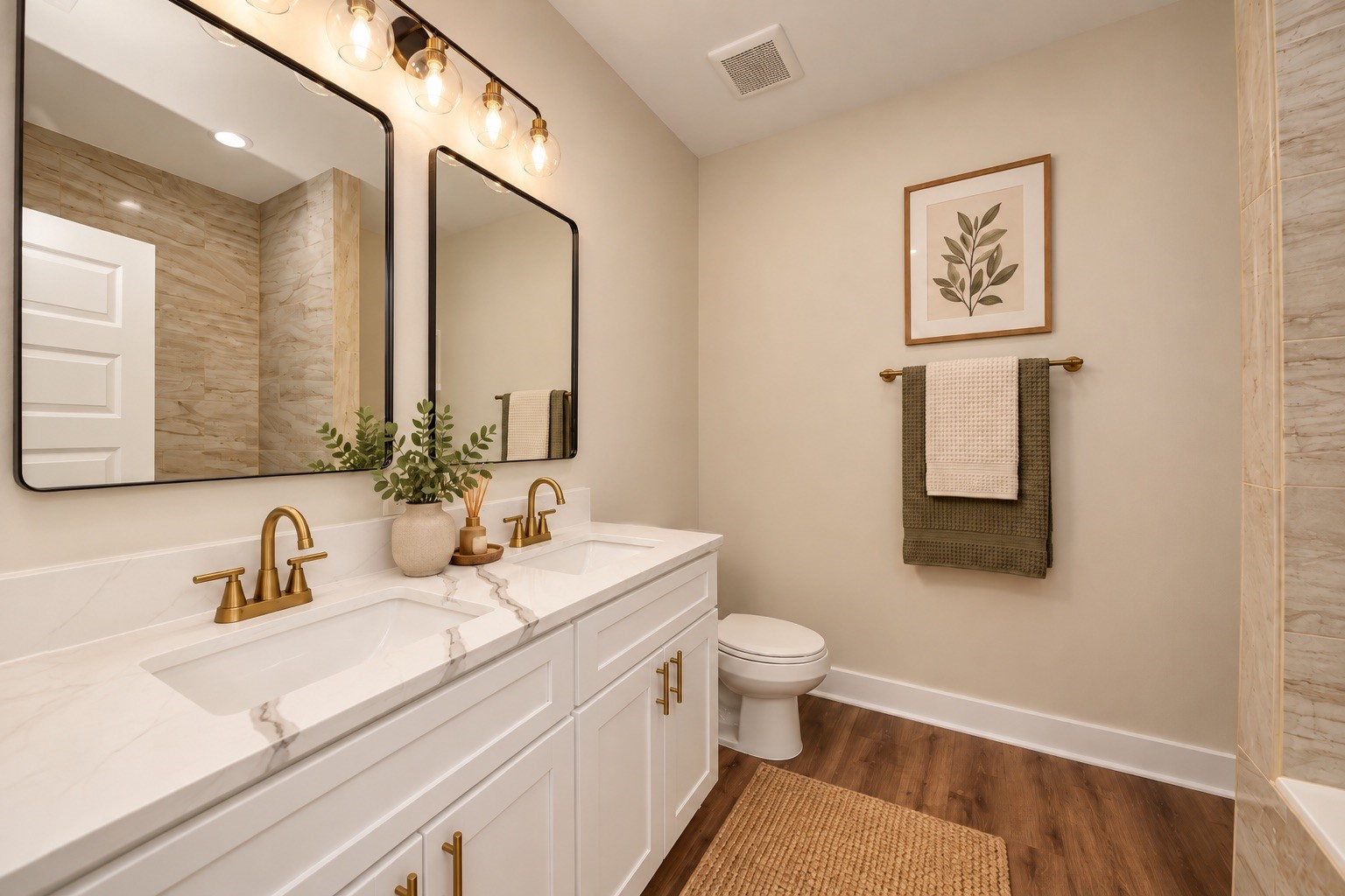 The primary bathroom features a dual-sink vanity with quartz countertops, modern fixtures, and ample cabinet storage. A soaking tub complete the private en-suite bathroom. | Virtually Staged