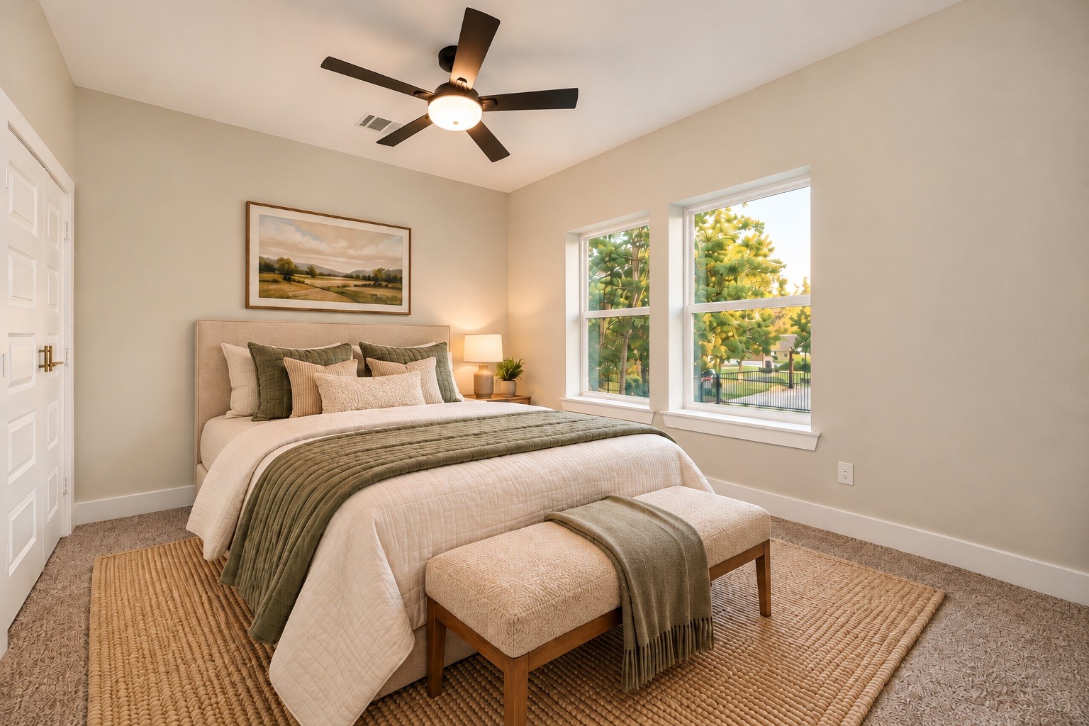 The final secondary bedroom measures approximately 13 x 11 feet and features a ceiling fan, natural light, and a comfortable layout. | Virtually Staged