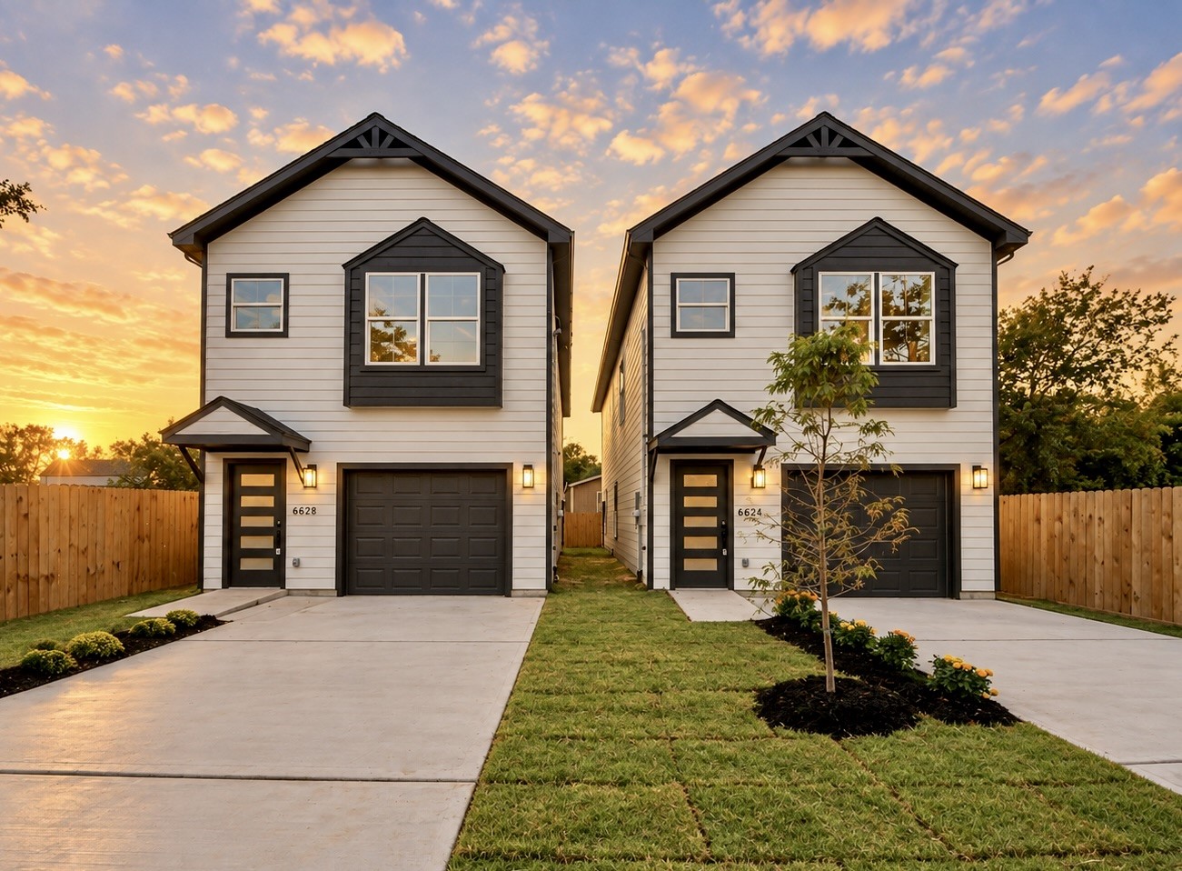 Another look at 6628 and neighboring 6624 Nielan Street, two new homes featuring identical floor plans with contemporary finishes, contrasting exterior accents, and thoughtfully designed living spaces.