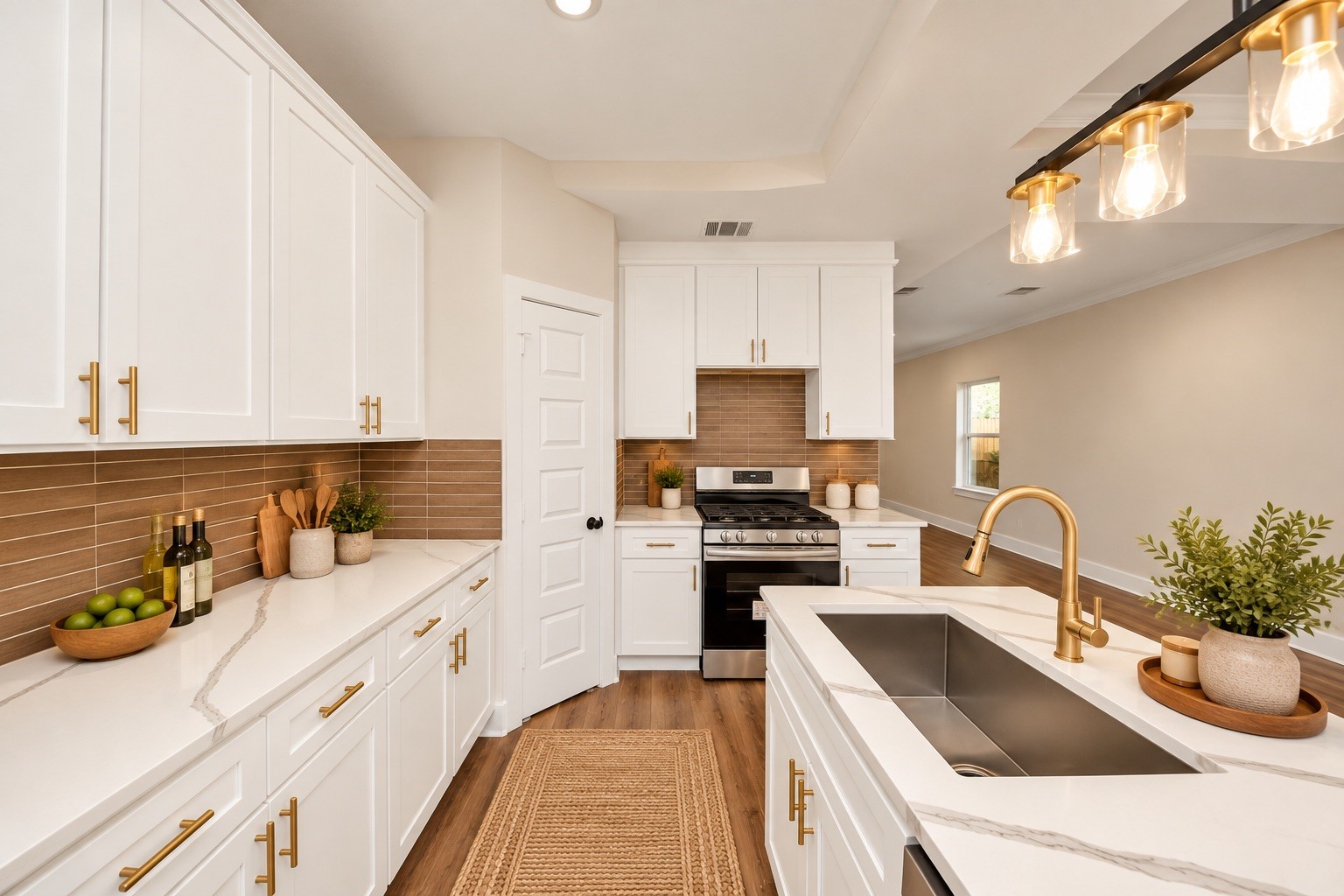 The kitchen combines white cabinetry, quartz countertops, contrasting hardware, and a decorative backsplash with stainless steel appliances, including an electric range, microwave, and dishwasher. | Virtually Staged