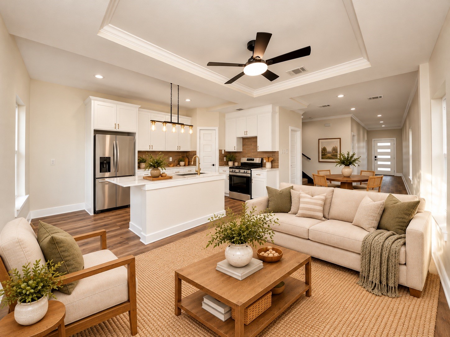 A wider view of the main living area highlights the seamless flow between the family room and kitchen. Luxury vinyl plank flooring, crown molding, and the spacious kitchen island bring the space together. | Virtually Staged