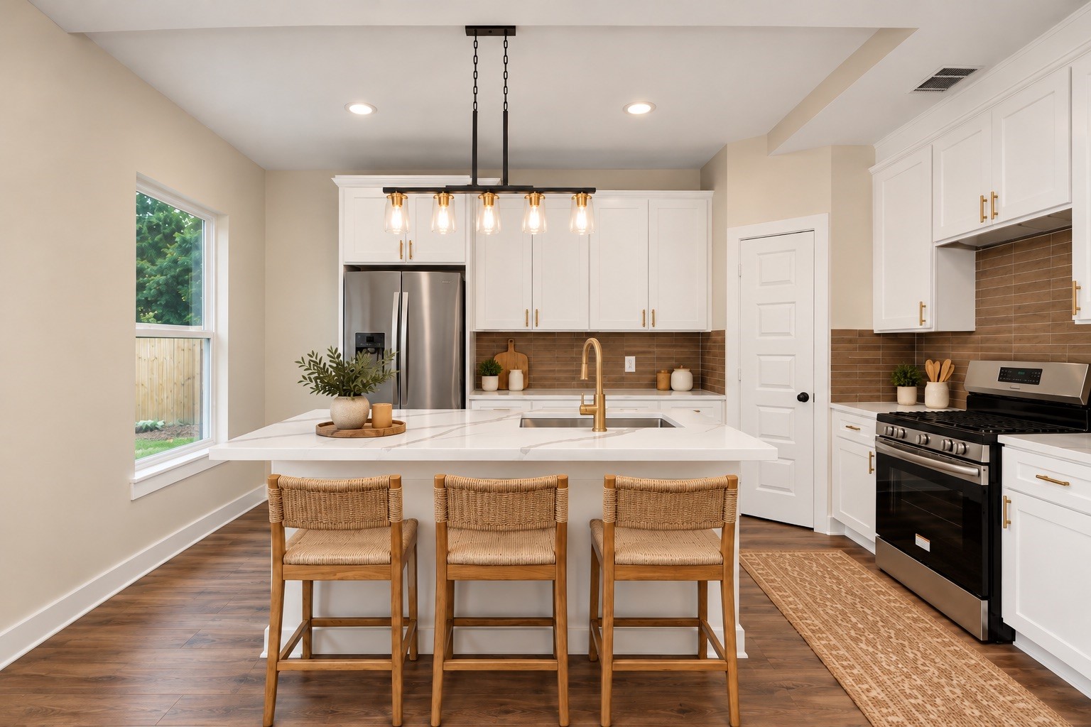 The kitchen combines white cabinetry, quartz countertops, contrasting hardware, and a decorative backsplash with stainless steel appliances, including an electric range, microwave, and dishwasher. | Virtually Staged