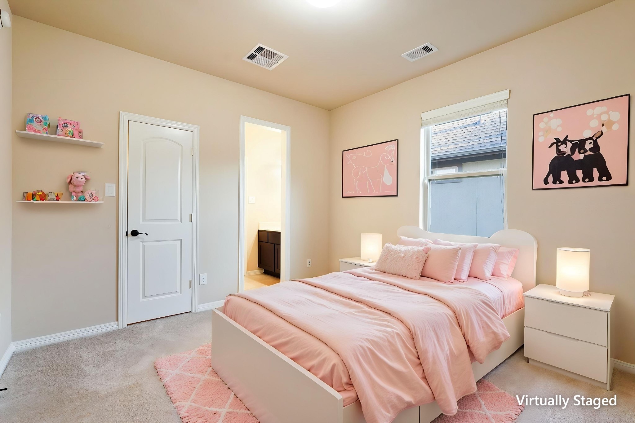 SECOND Flr-Bed#4: *Virtually Staged*  This photo shows a cozy, carpeted bedroom with neutral walls, a window providing natural light, and a door leading to an adjacent bathroom.