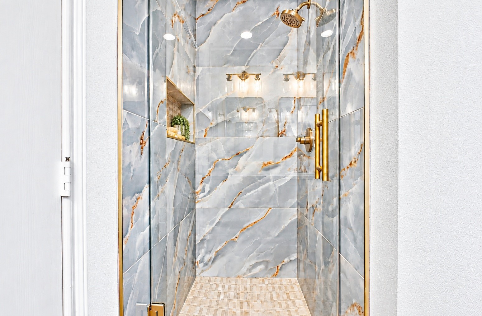 The walk-in shower with NEW tile!