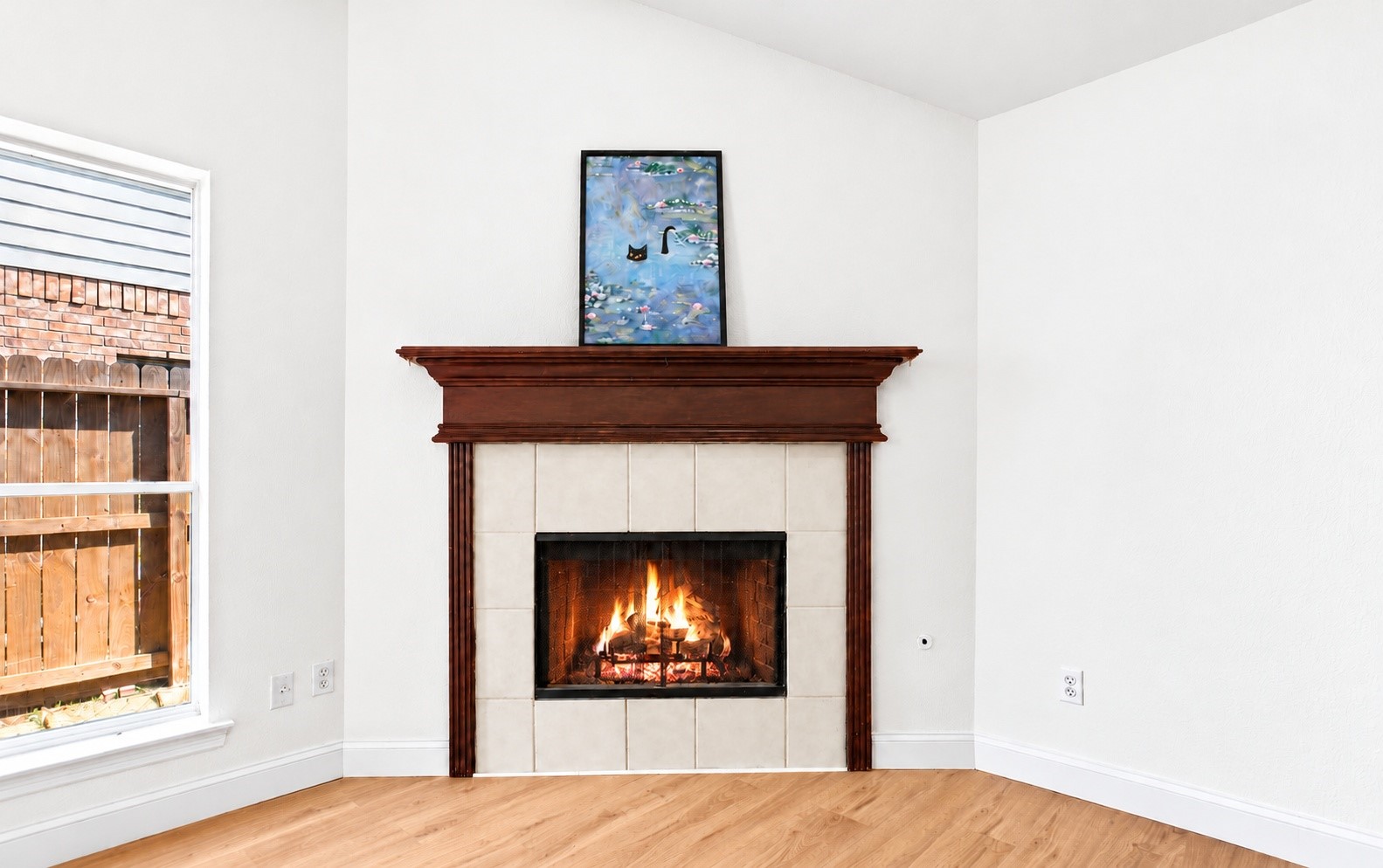 The living room has a fireplace!