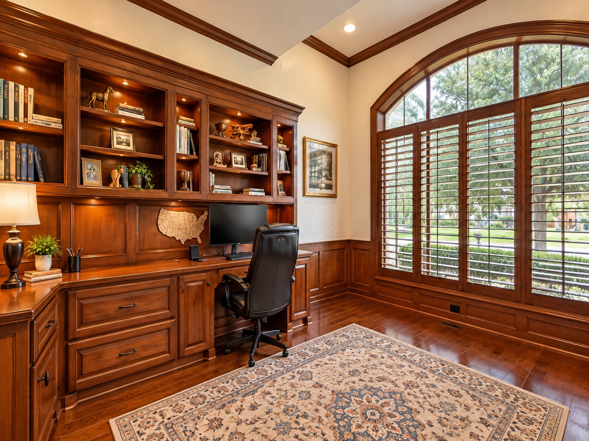 Enjoy custom built in bookshelves, desk & printing station