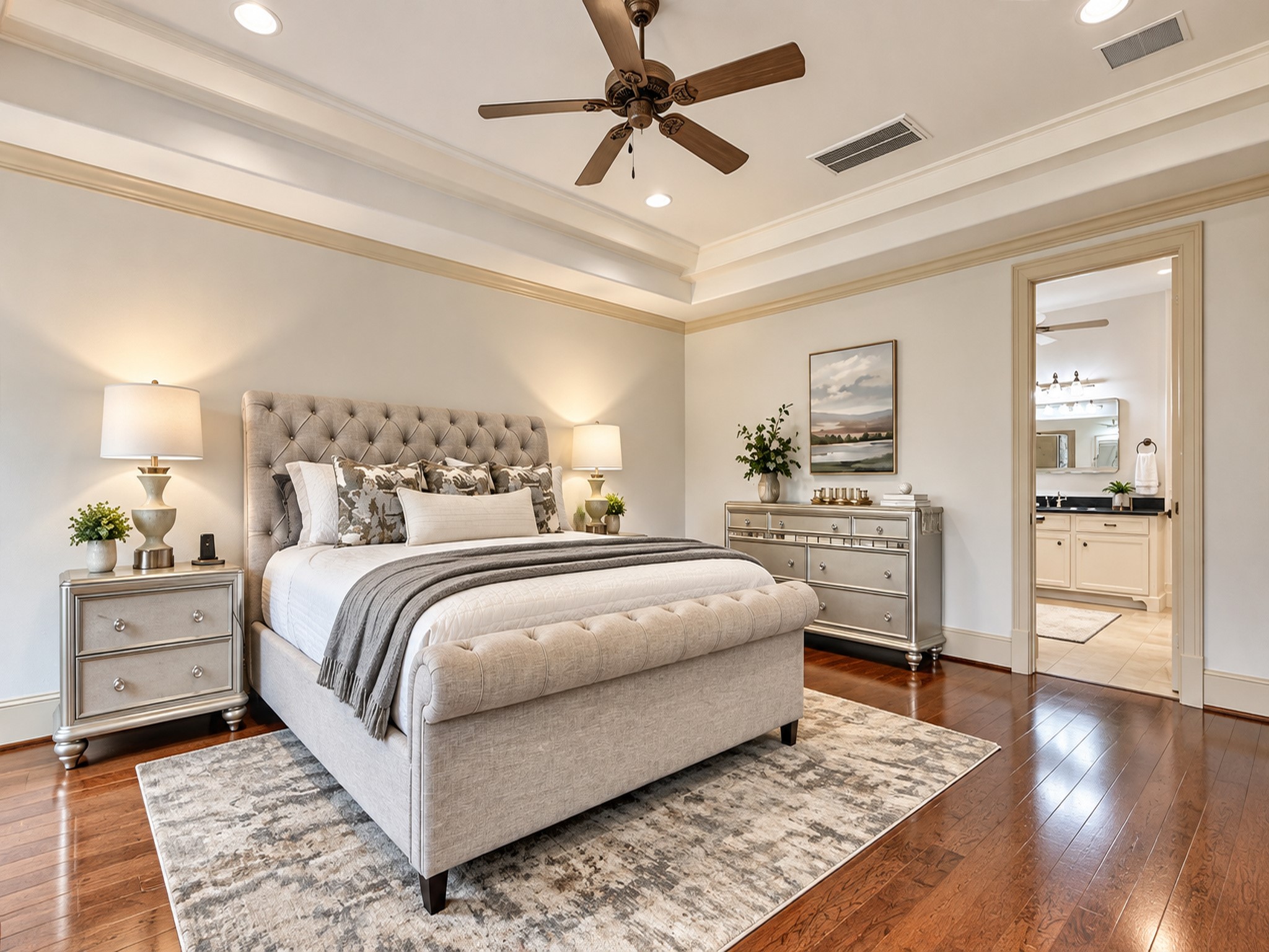 Primary Bedroom is huge with coffered ceilings and a fabulous backyard pool view