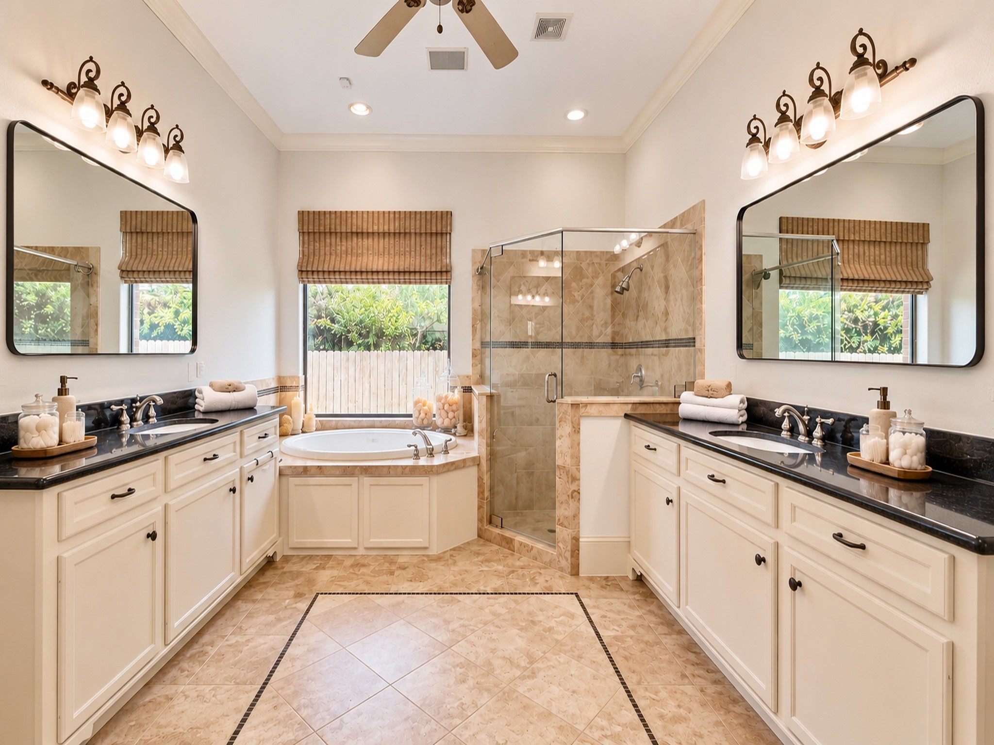 Double vanities & large shower with soaking tub