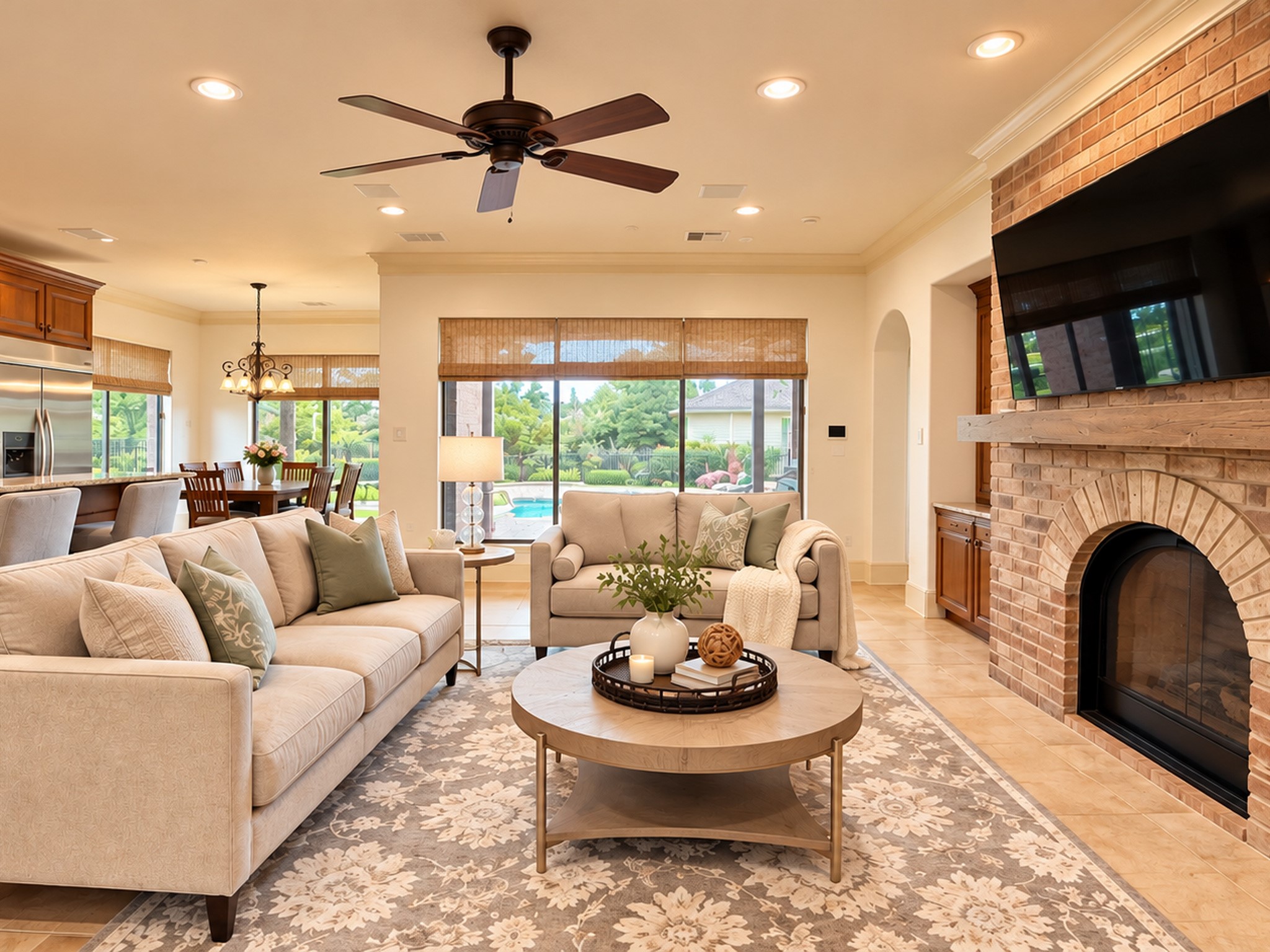 Family room overlooks the backyard oasis & pool