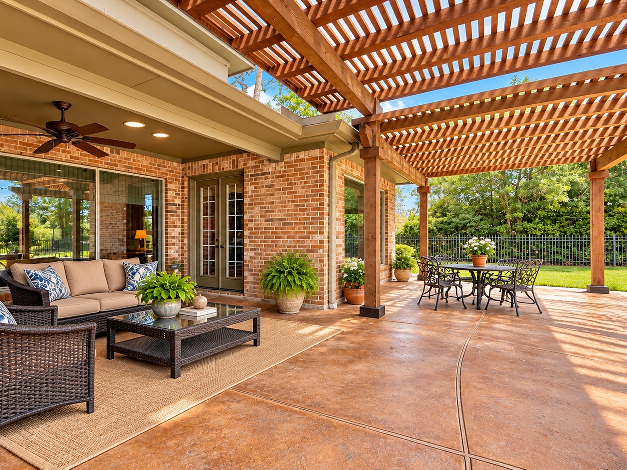 Two pergolas offer plenty of shade