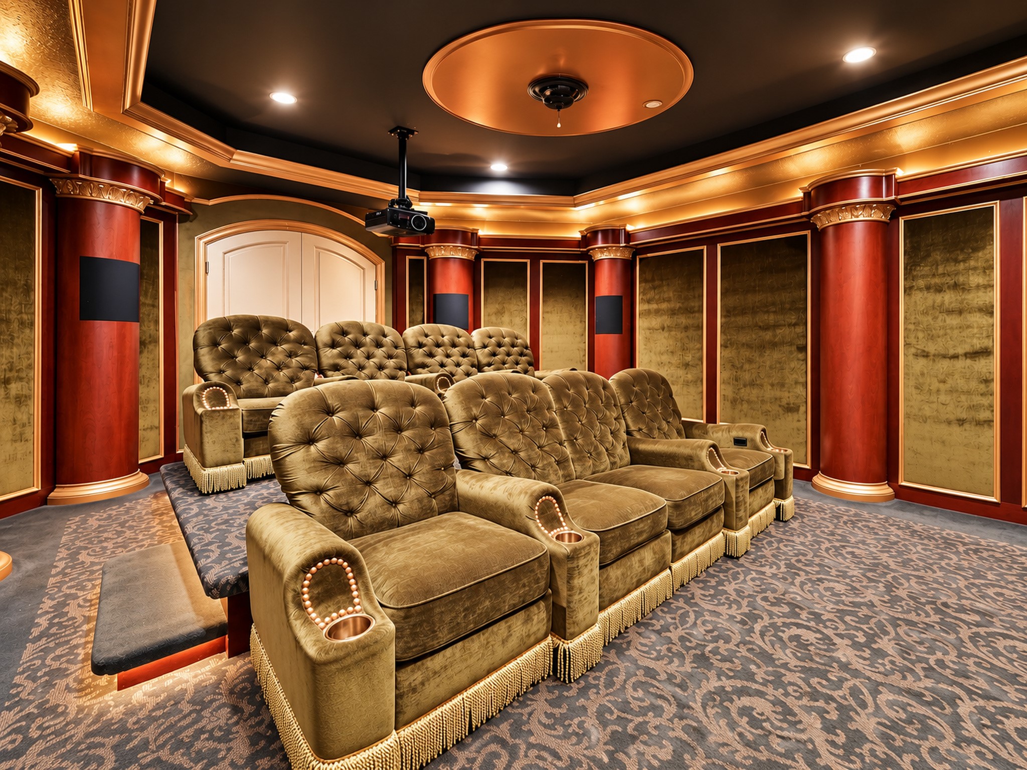 Electronic auto-recline seating for 8, a 110" movie screen & projector system