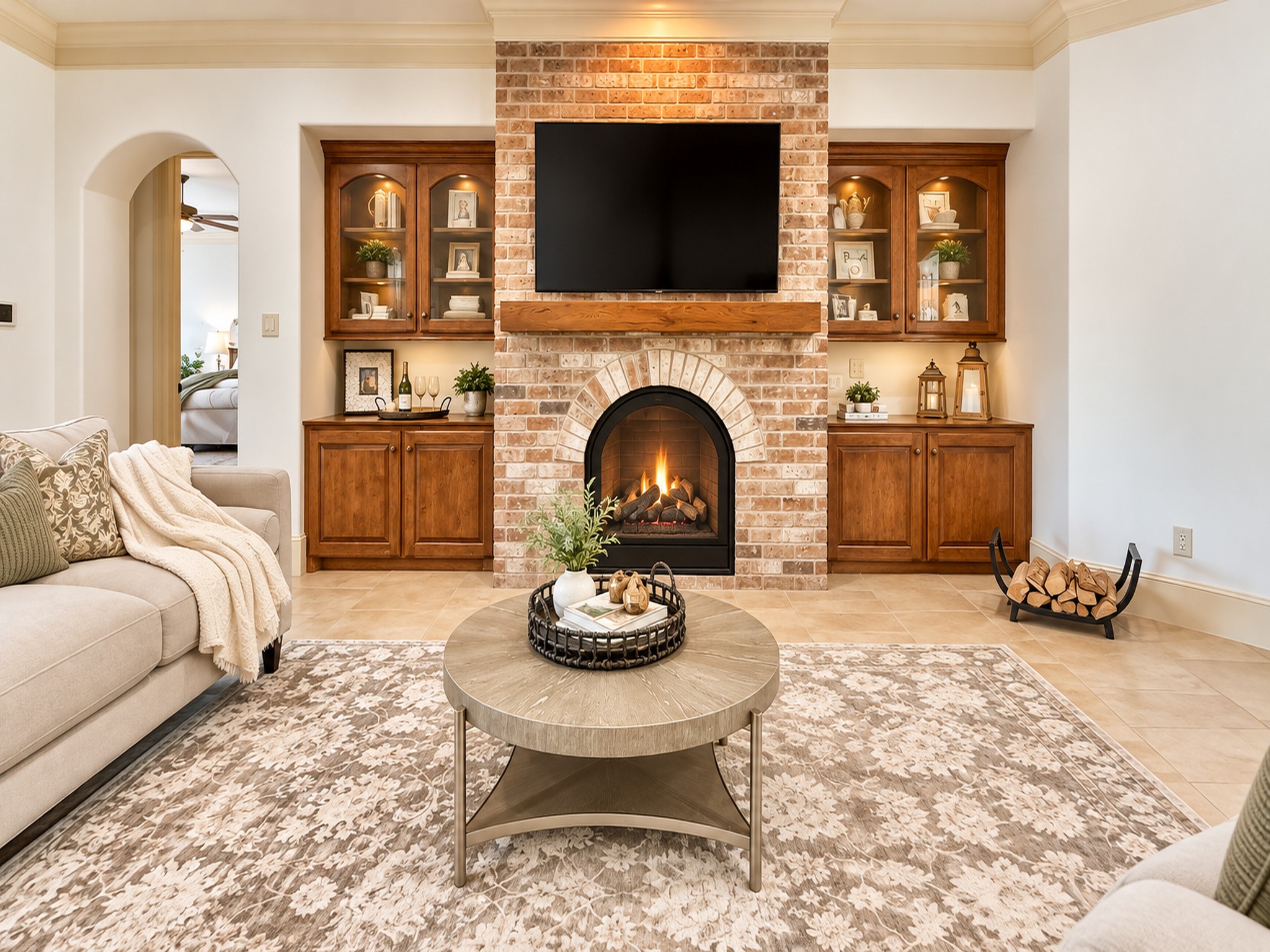 Gas log firepalce, built in cabinetry & custom mantle