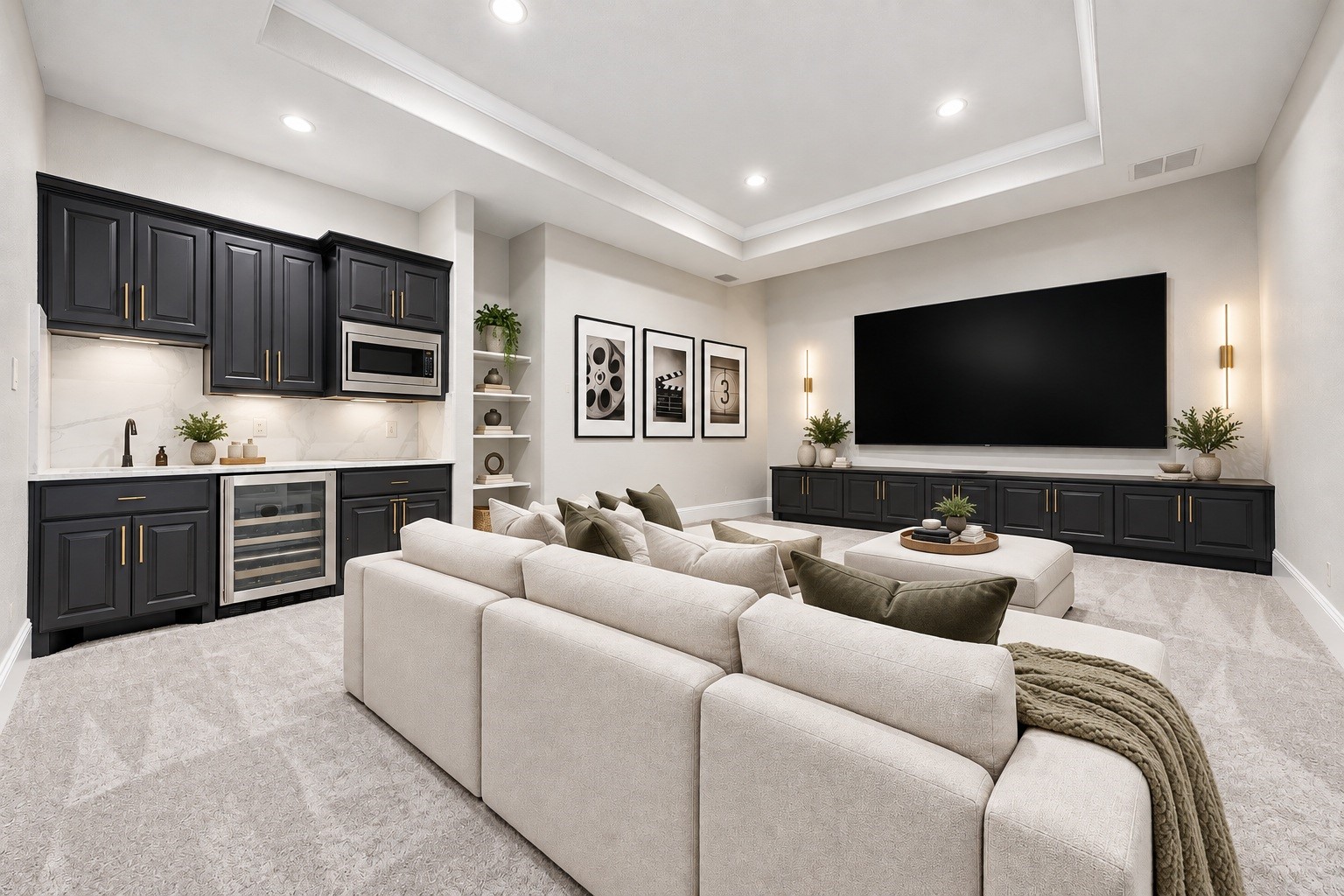 Downstairs, an entertainers dream awaits, a private media and theater room complete with a wet bar, mini fridge, and sink, perfect for hosting unforgettable movie nights. Virtually staged.