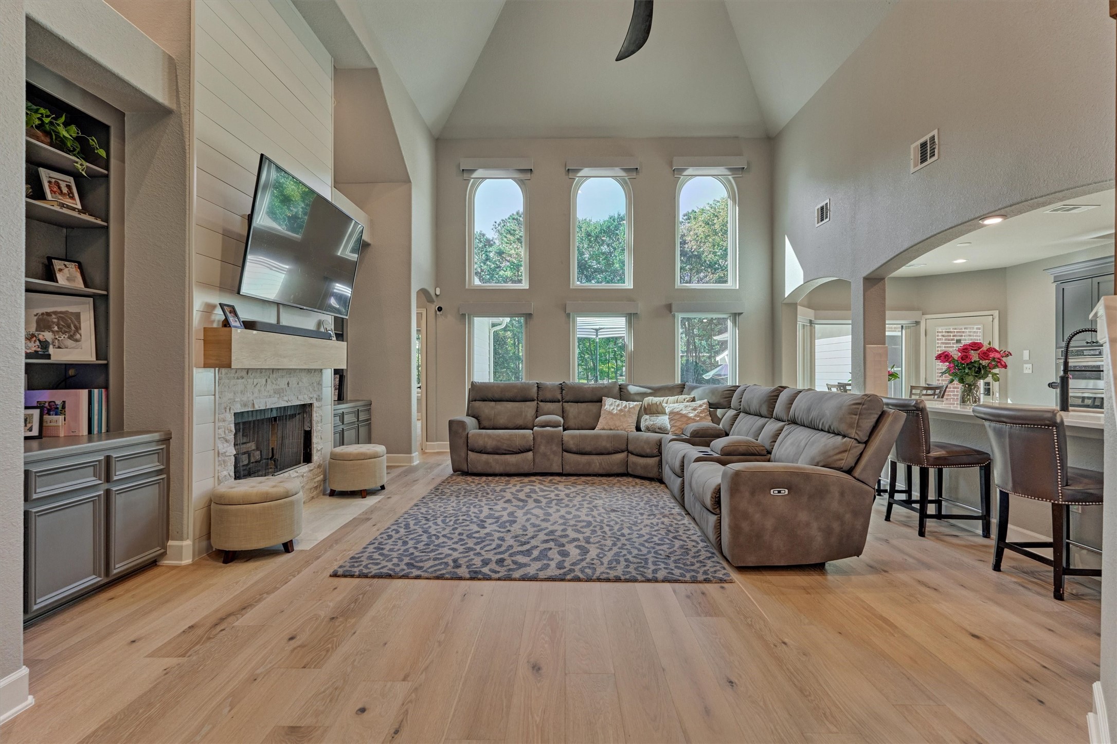 Greatroom with large windows & remote blinds