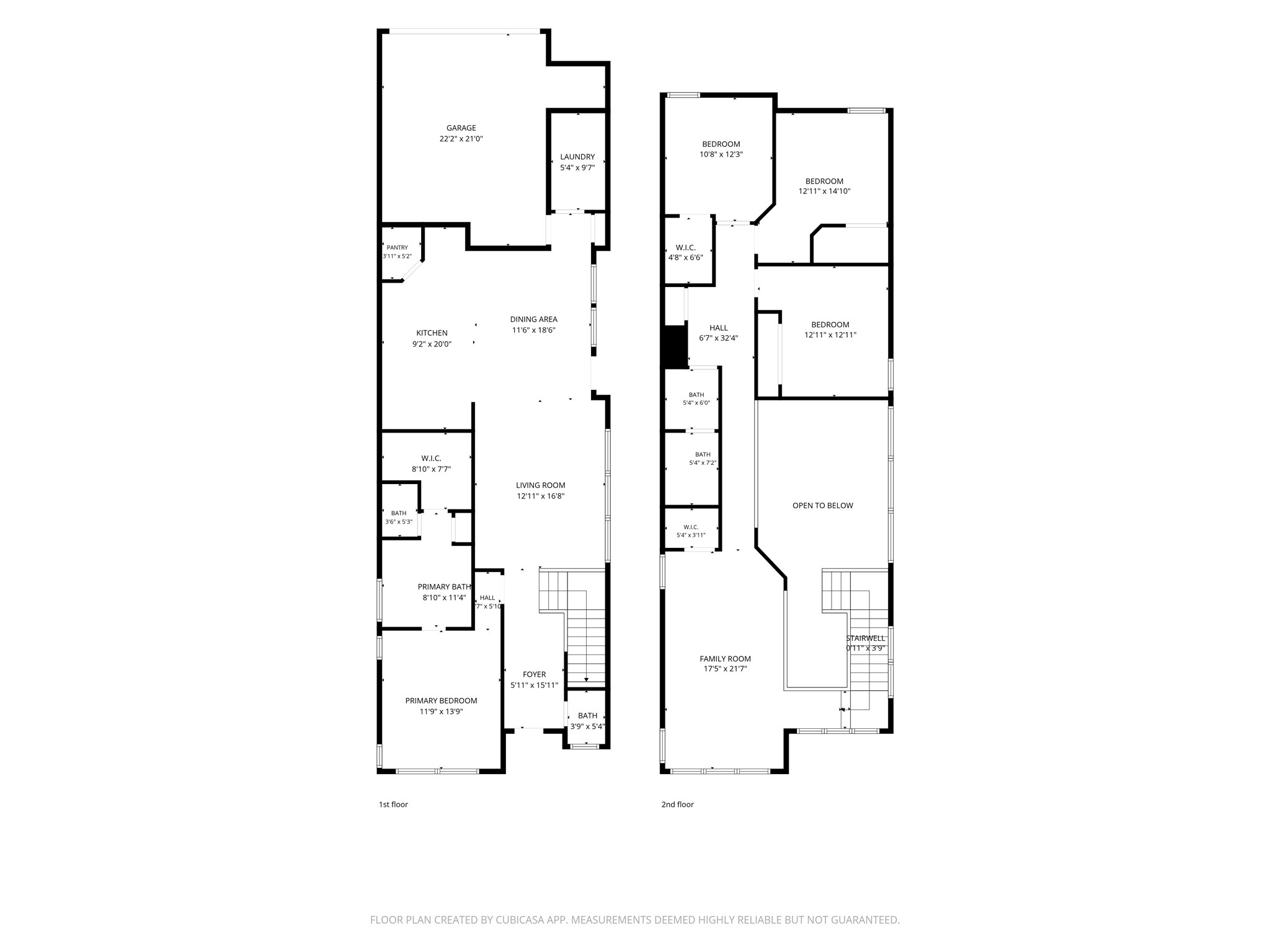First and second floor layout of this two story home, showing the open concept family and dining space downstairs, a private primary suite, and three secondary bedrooms upstairs.
