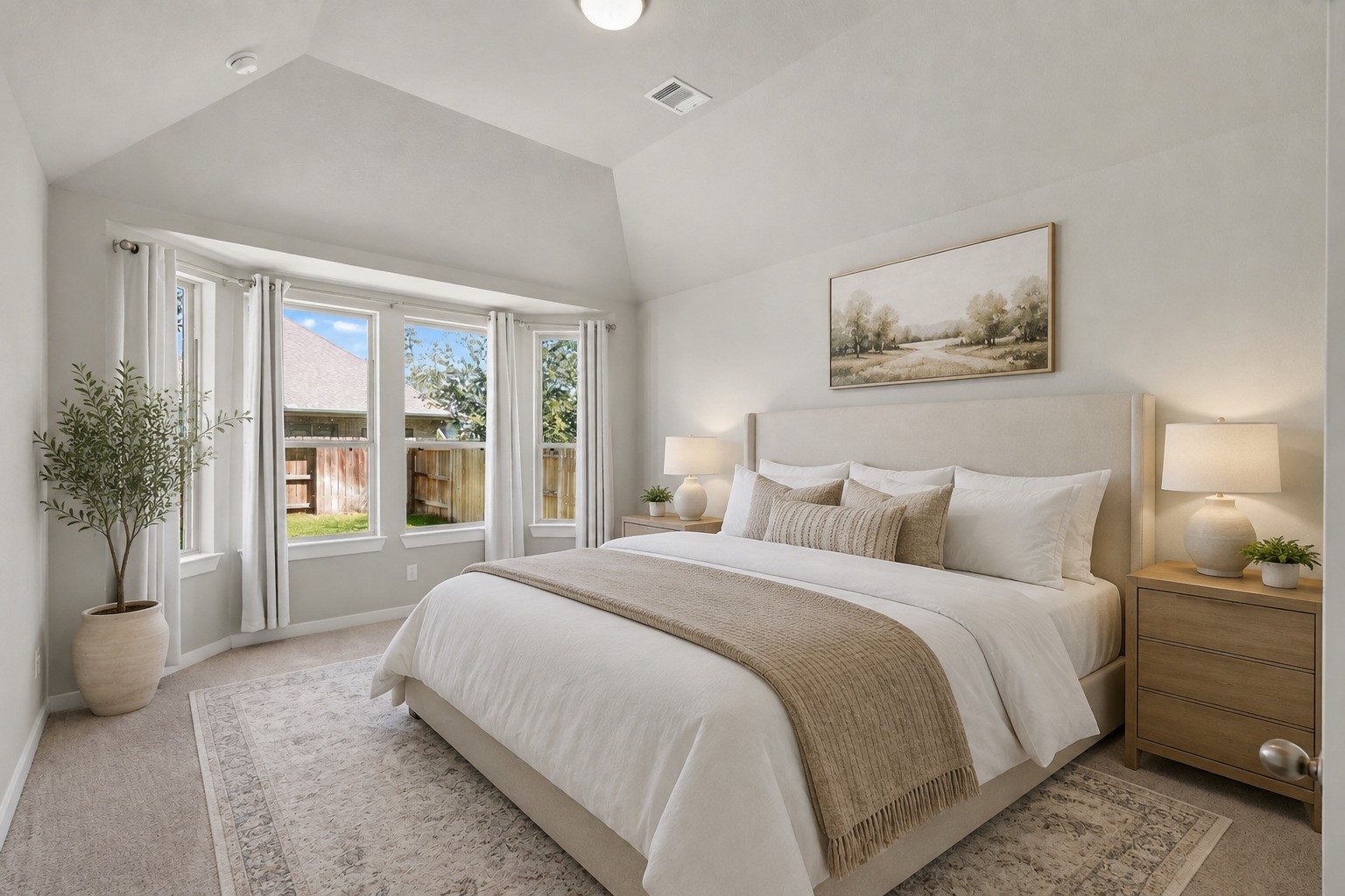 The spacious primary bedroom provides a true retreat  featuring plush carpet flooring, elegant window treatments, and soothing neutral walls that create a calm and restful atmosphere. Generous room for a full king-size suite and all your personal comforts.