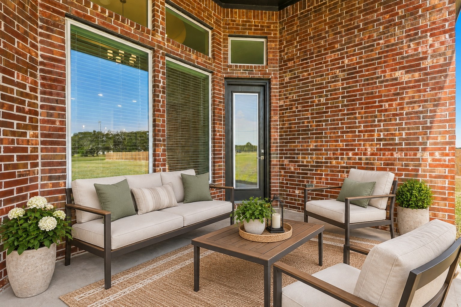 YOUR PRIVATE OUTDOOR RETREAT AWAITS! Step onto this CHARMING covered patio featuring beautiful exposed brick walls, expansive windows, and convenient access to the home! Imagine enjoying your morning coffee, relaxing in the fresh air, or entertaining guests in this inviting outdoor space! A WONDERFUL place to unwind! **Photo is Virtually Staged**