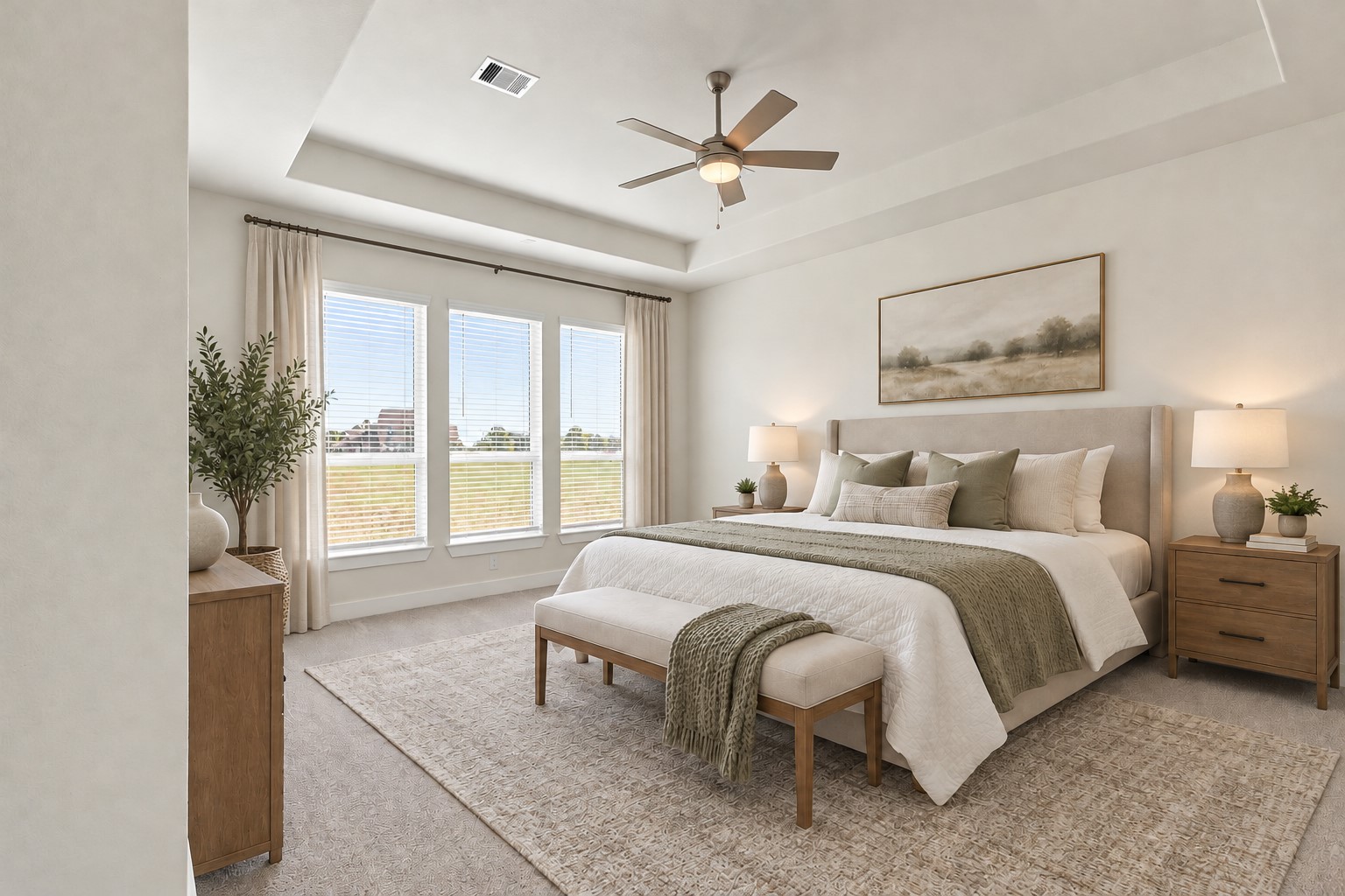 YOUR LUXURIOUS PRIVATE PRIMARY RETREAT AWAITS! Prepare to FALL IN LOVE with this SPACIOUS SANCTUARY featuring a DRAMATIC SOARING TRAY CEILING, stylish ceiling fan & LARGE WINDOWS showcasing PEACEFUL VIEWS of your IMPRESSIVE ONE-ACRE PROPERTY! SOFT PLUSH CARPETING adds warmth & comfort, while the generous layout offers wonderful possibilities for creating your DREAM BEDROOM! Imagine waking up to beautiful natural light & relaxing in your own PRIVATE ESCAPE! Photo is Virtually Staged.