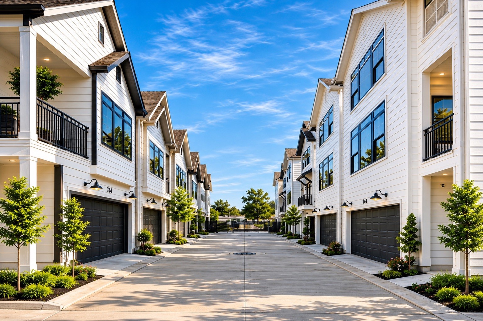 Private gated drive framed by cohesive architecture and manicured landscaping.