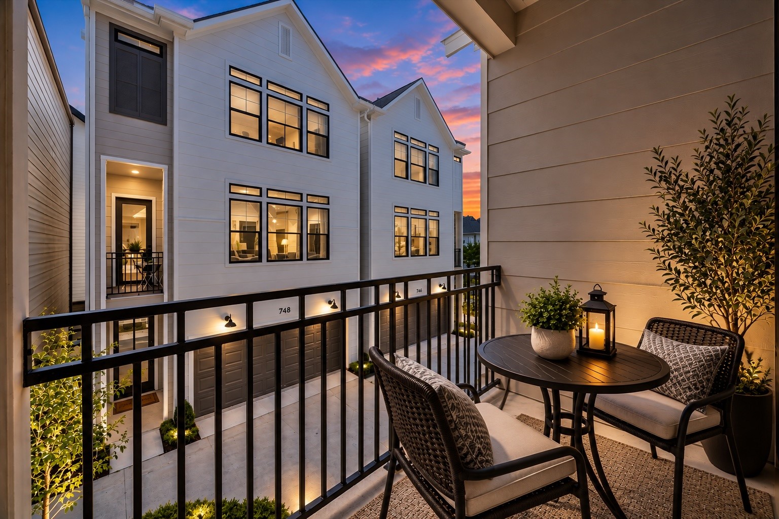 Covered balcony with elevated views of the community streetscape Covered balcony with elevated views of the community streetscape