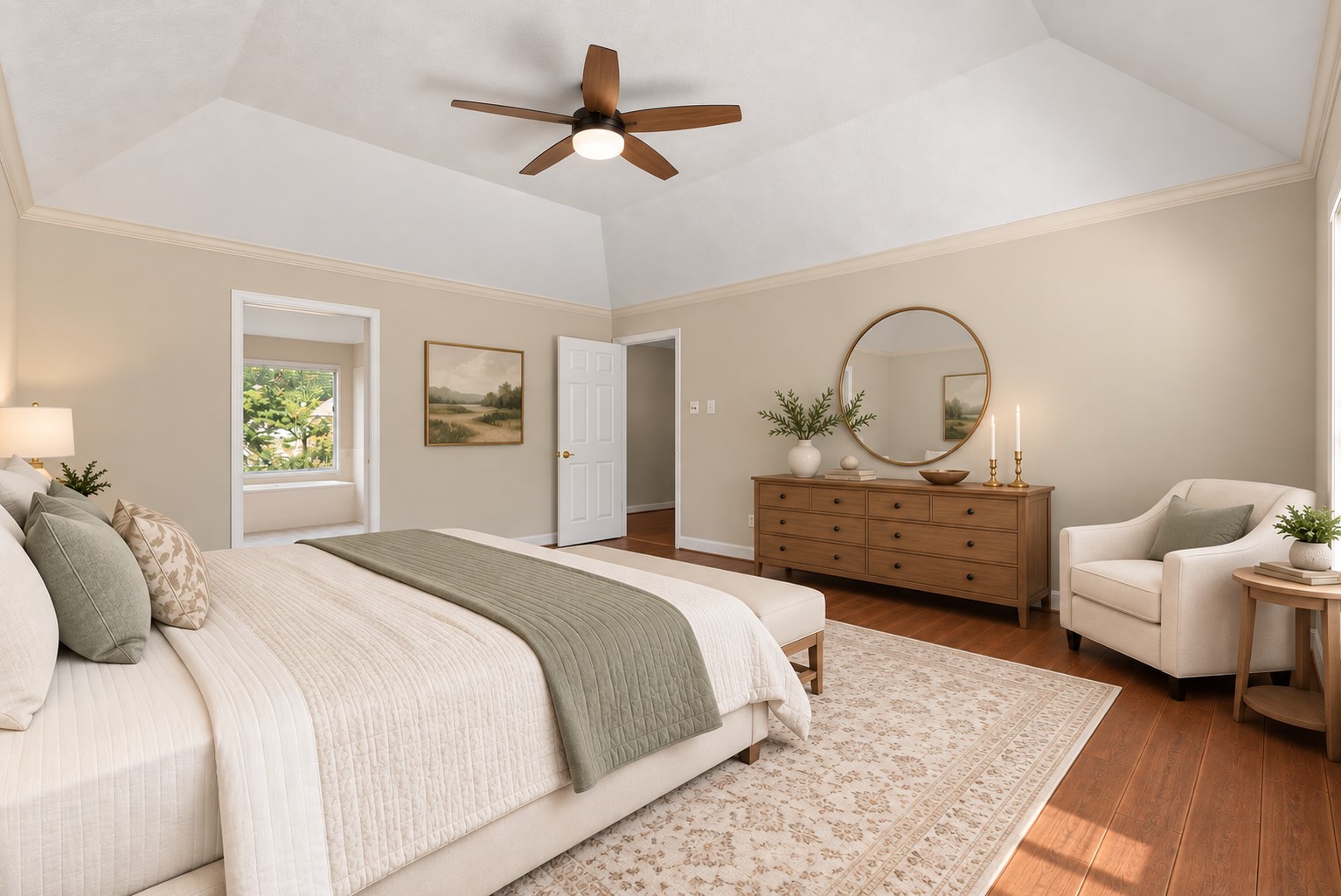 The primary bedroom features a private en-suite featuring dual sinks, soaking tub and separate walk-in shower.