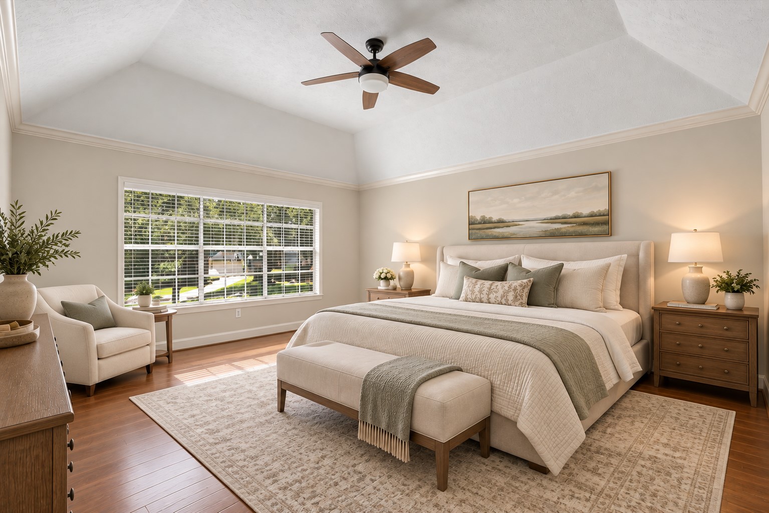 The primary bedroom features a private en-suite featuring dual sinks, soaking tub and separate walk-in shower.