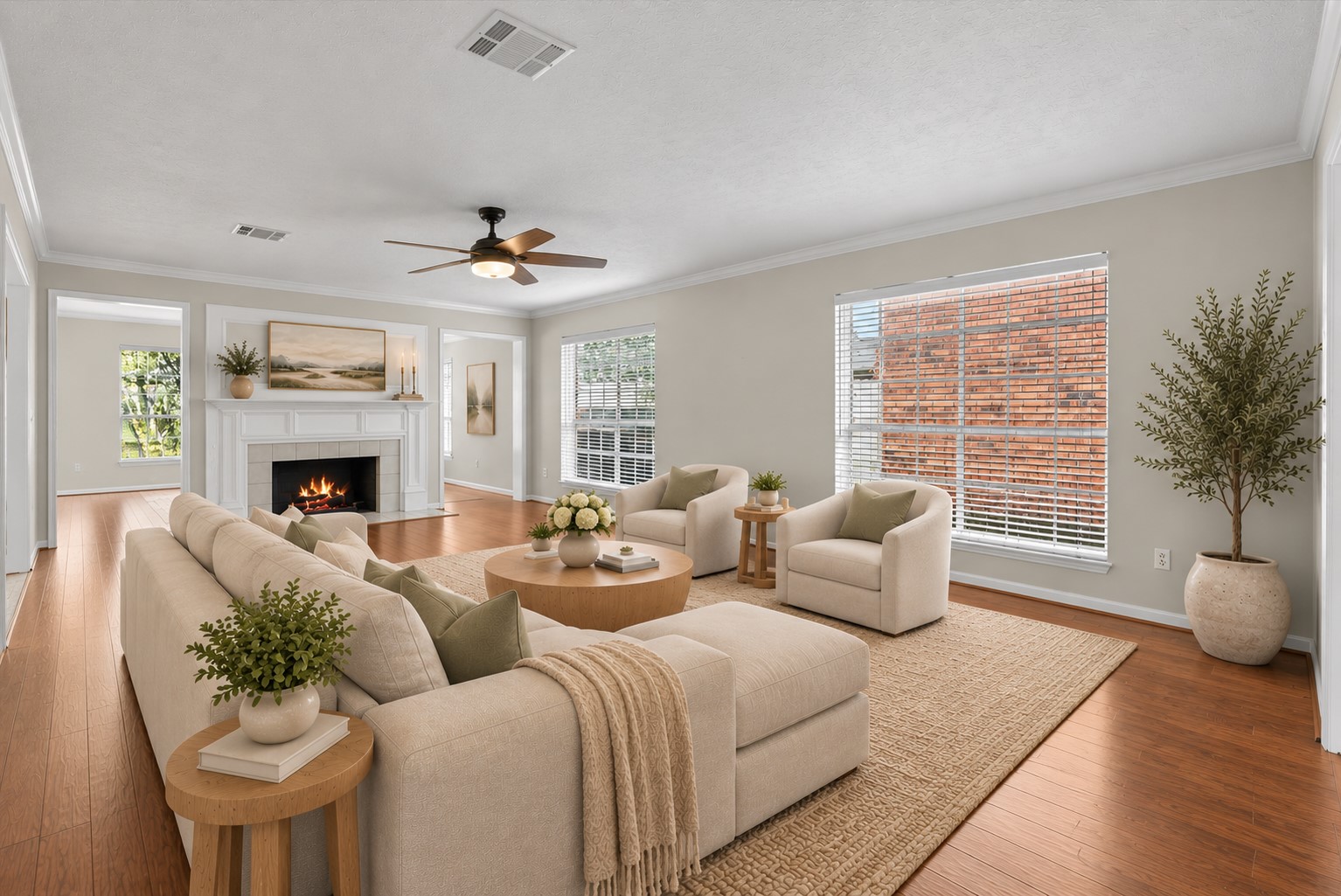 Expansive living room anchored by a cozy fireplace.