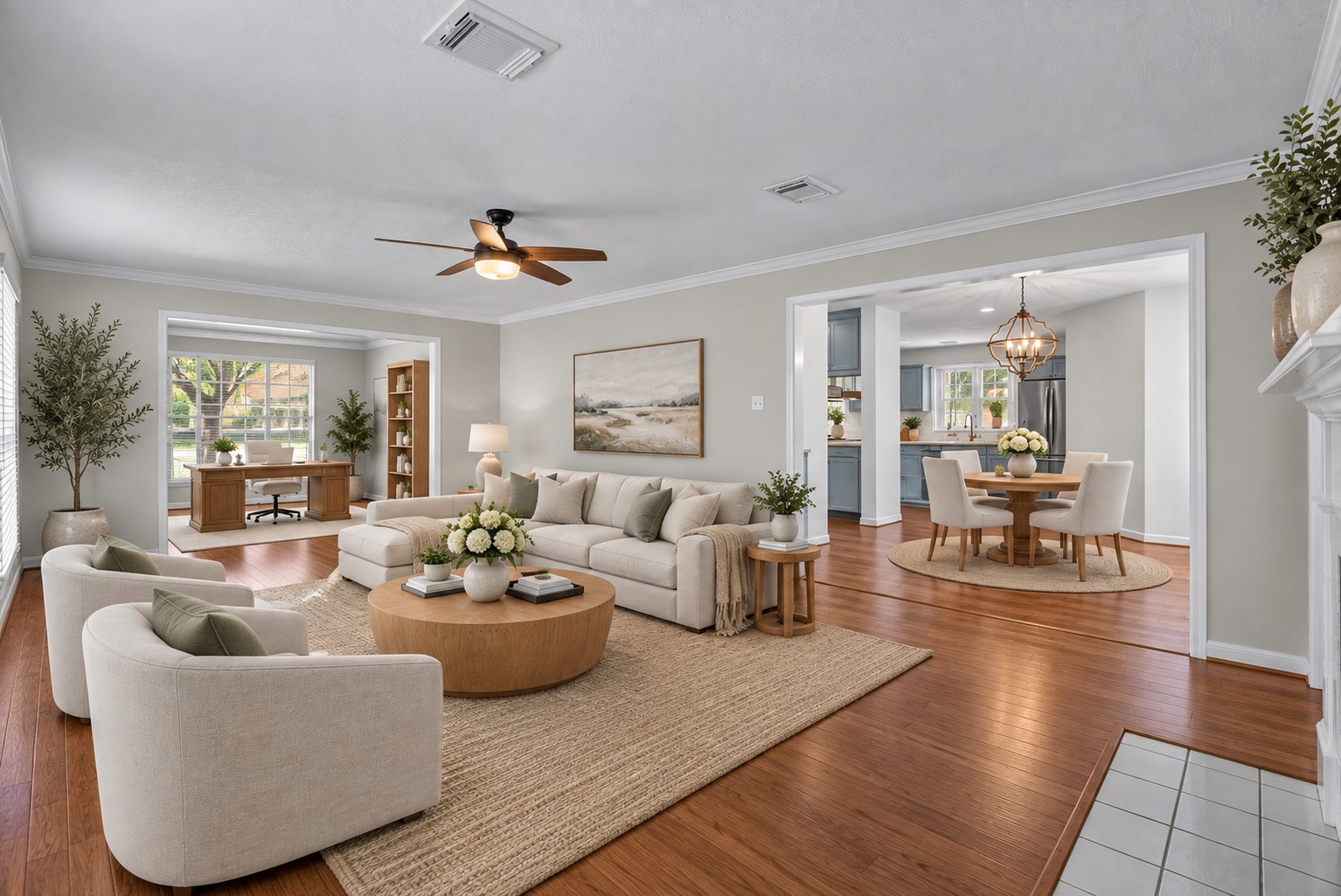 Expansive living room anchored by a cozy fireplace.