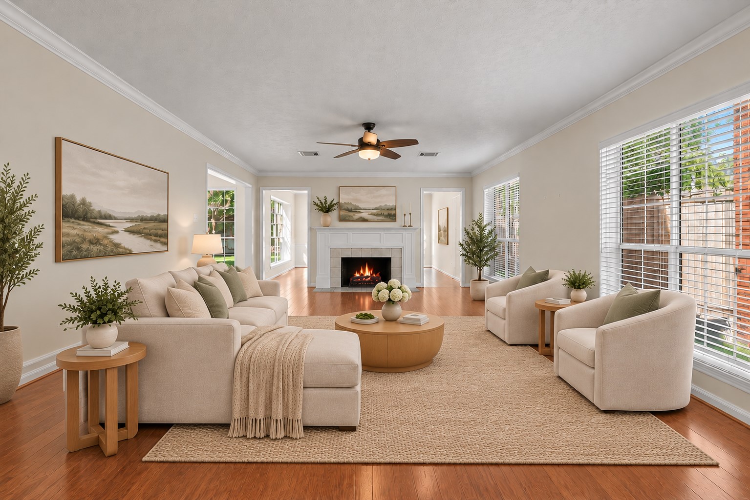 Expansive living room anchored by a cozy fireplace.