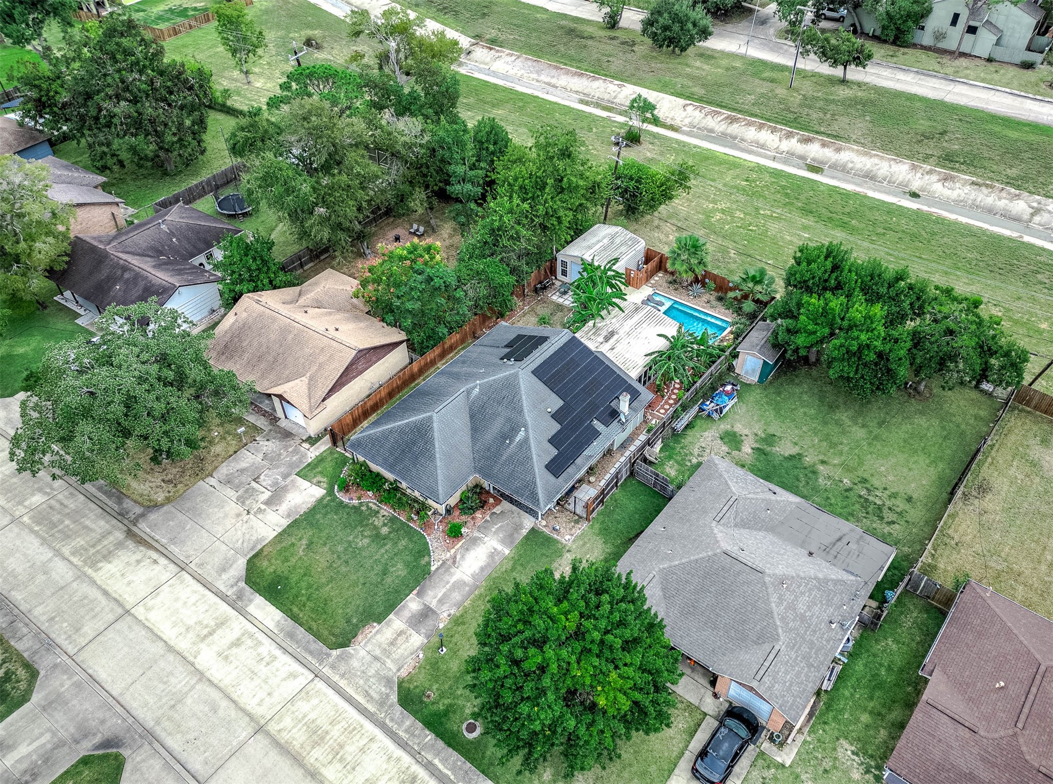 Aerial view of the home and surrounding neighborhood.