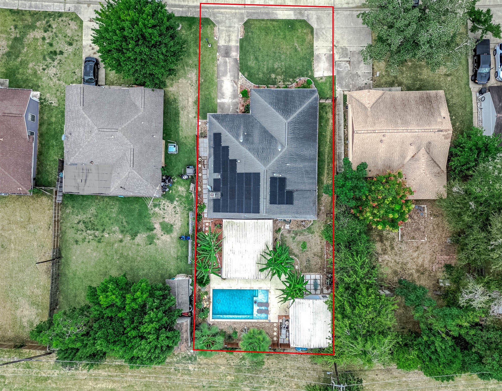 Overhead view showing the deep lot, pool and shed.