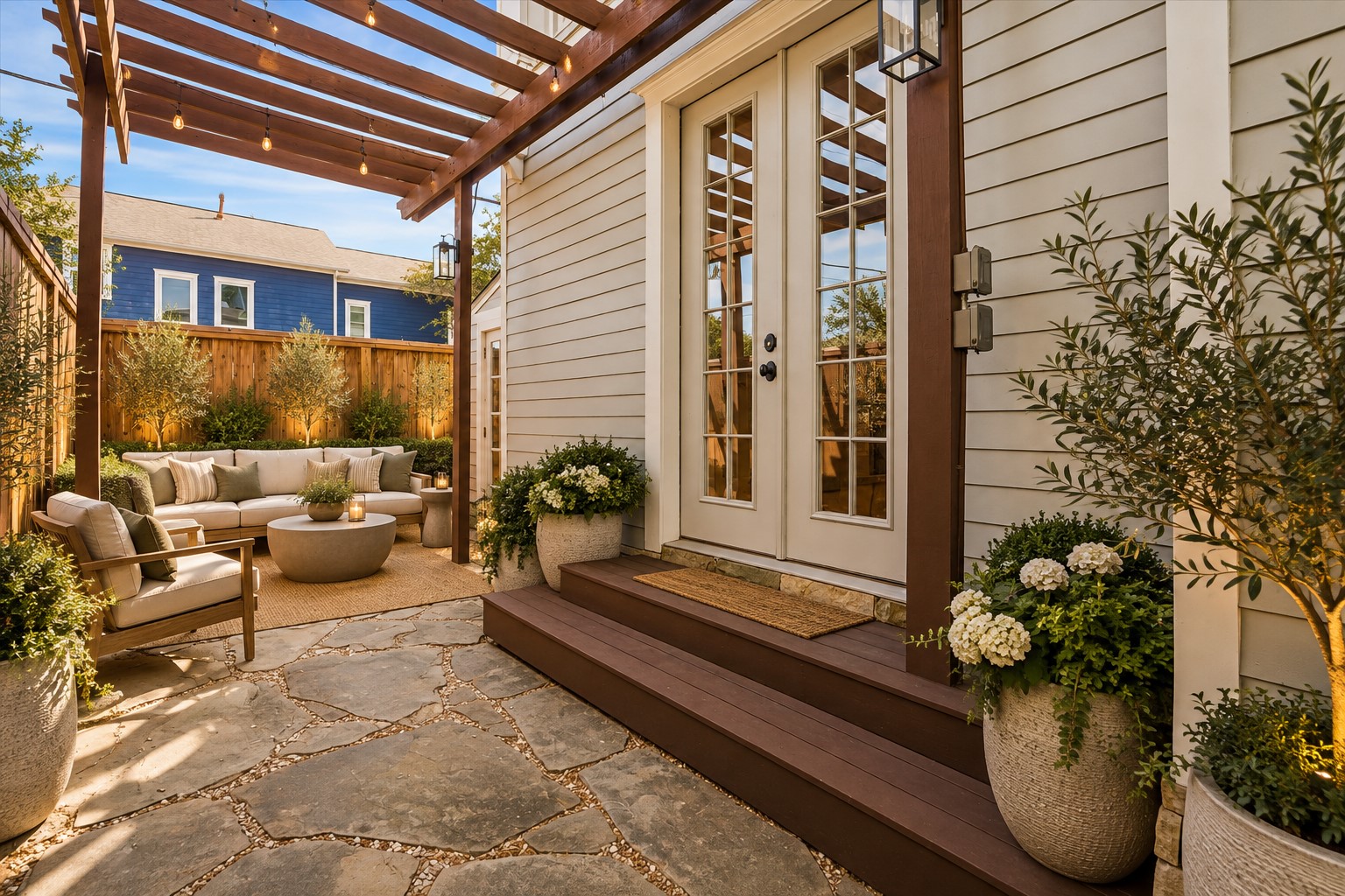 Extension of the private outdoor patio featuring flagstone paving, a wood pergola, and French doors providing convenient access to the home. Photo is virtually staged.