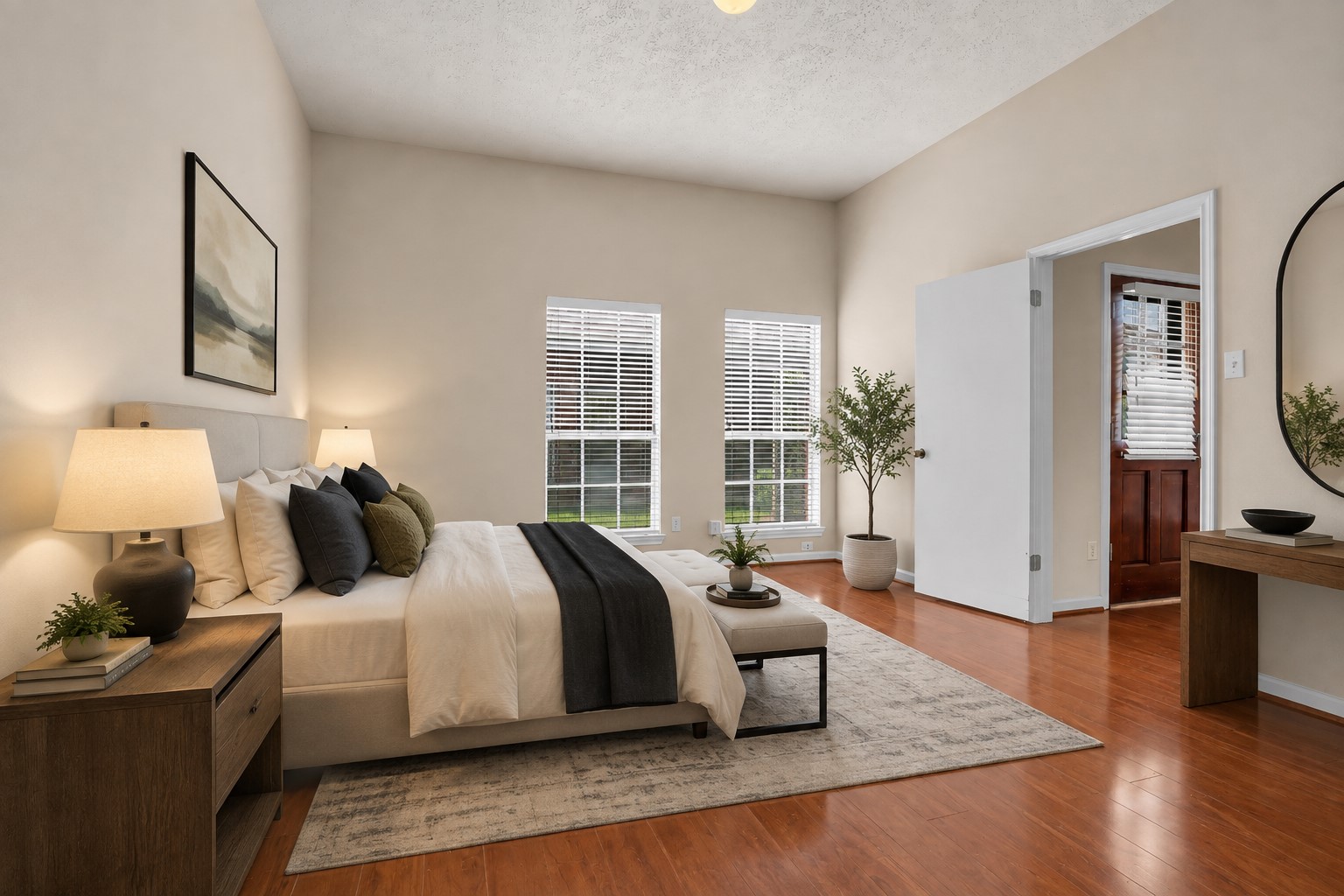 View of the primary bedroom featuring a bright interior with a couple of windows overlooking the backyard, bringing in natural light and providing a peaceful outlook to the outdoor space. (Virtually Staged)