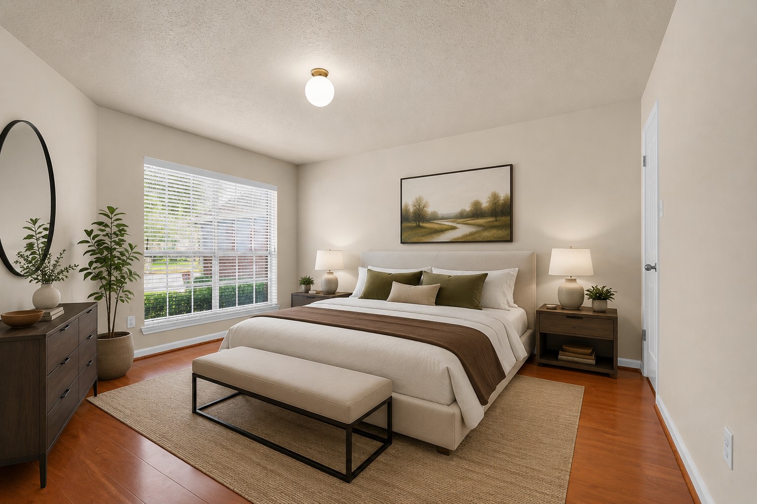 Secondary bedroom with laminate flooring and a large front-facing window that brings in natural light, helping create a bright and comfortable space. (Virtually Staged)