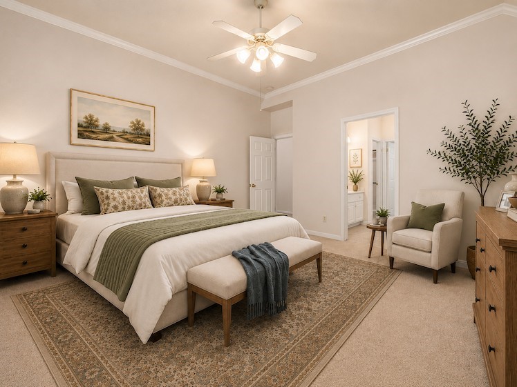 Virtually staged primary bedroom