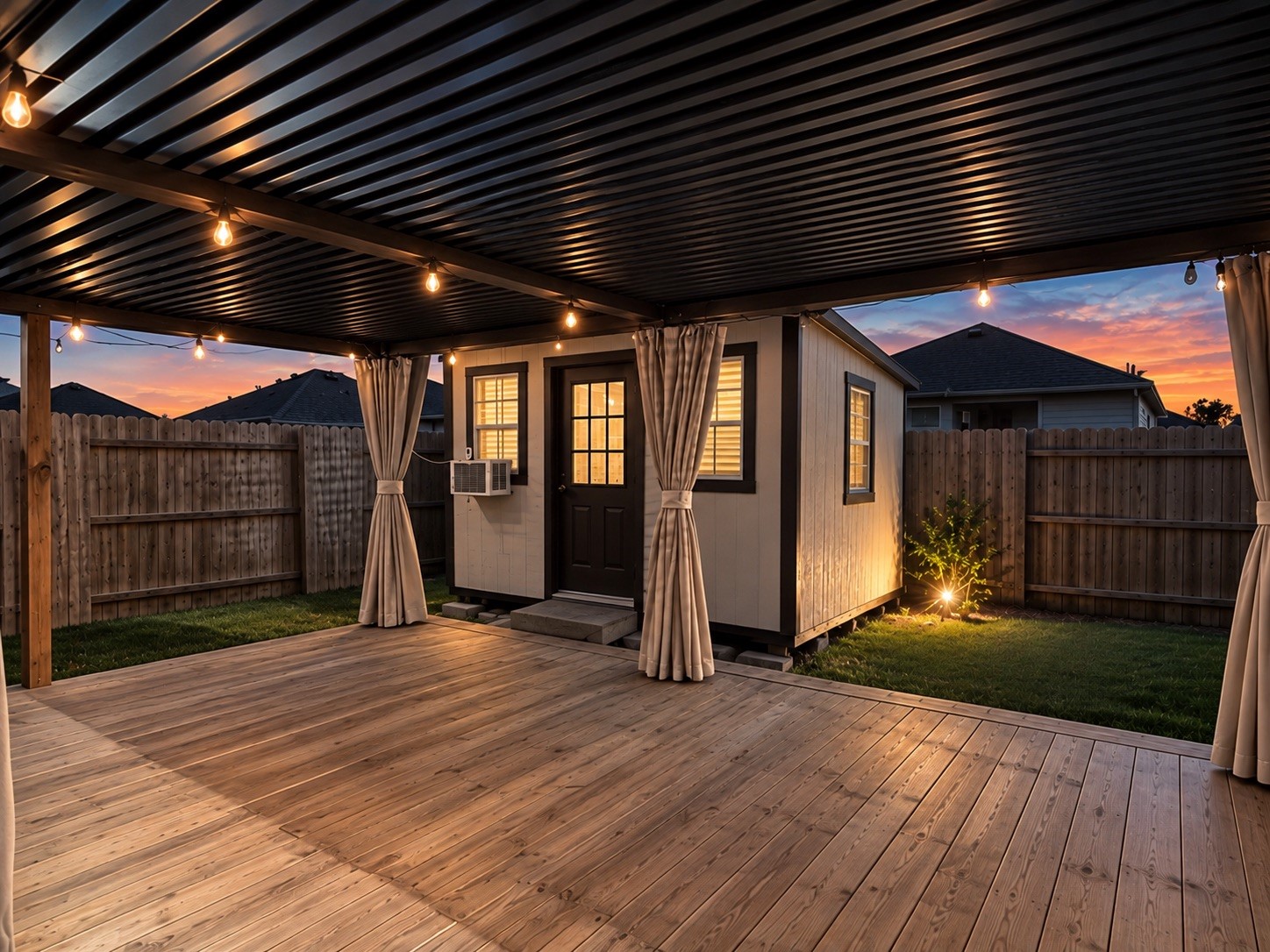 The backyard features a 20x24 deck complemented by a 12x20 pergola, providing an ideal setting for tranquil evenings.