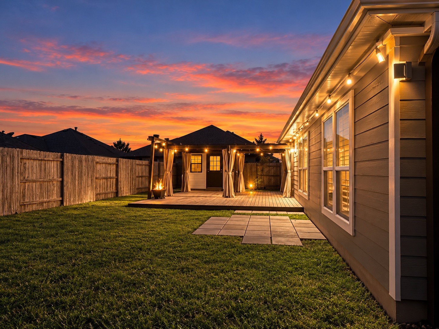 In addition to the deck and pergola, the backyard features a shed.
