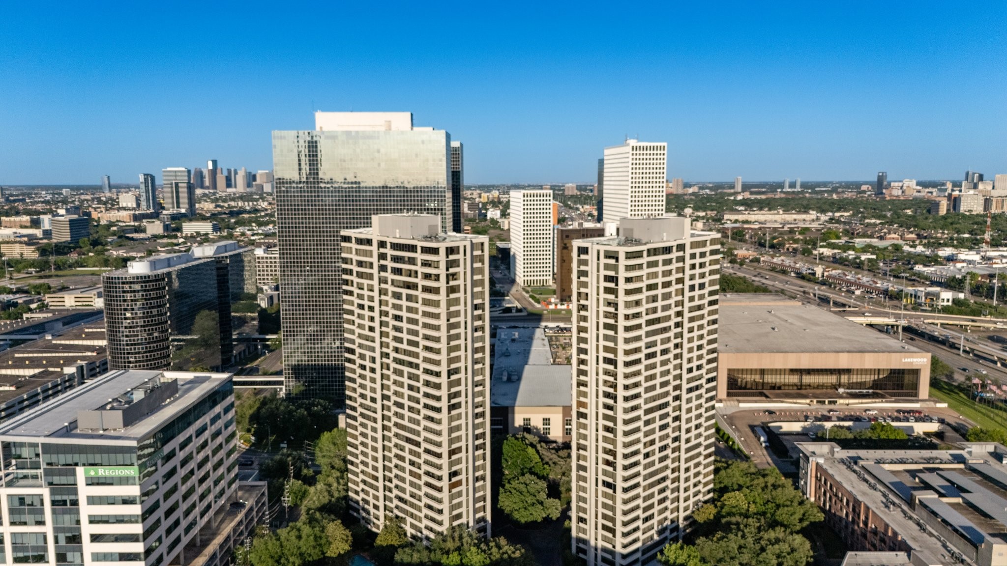 Aerial view of Downtown on the left and the Texas Medical Center on the right.
