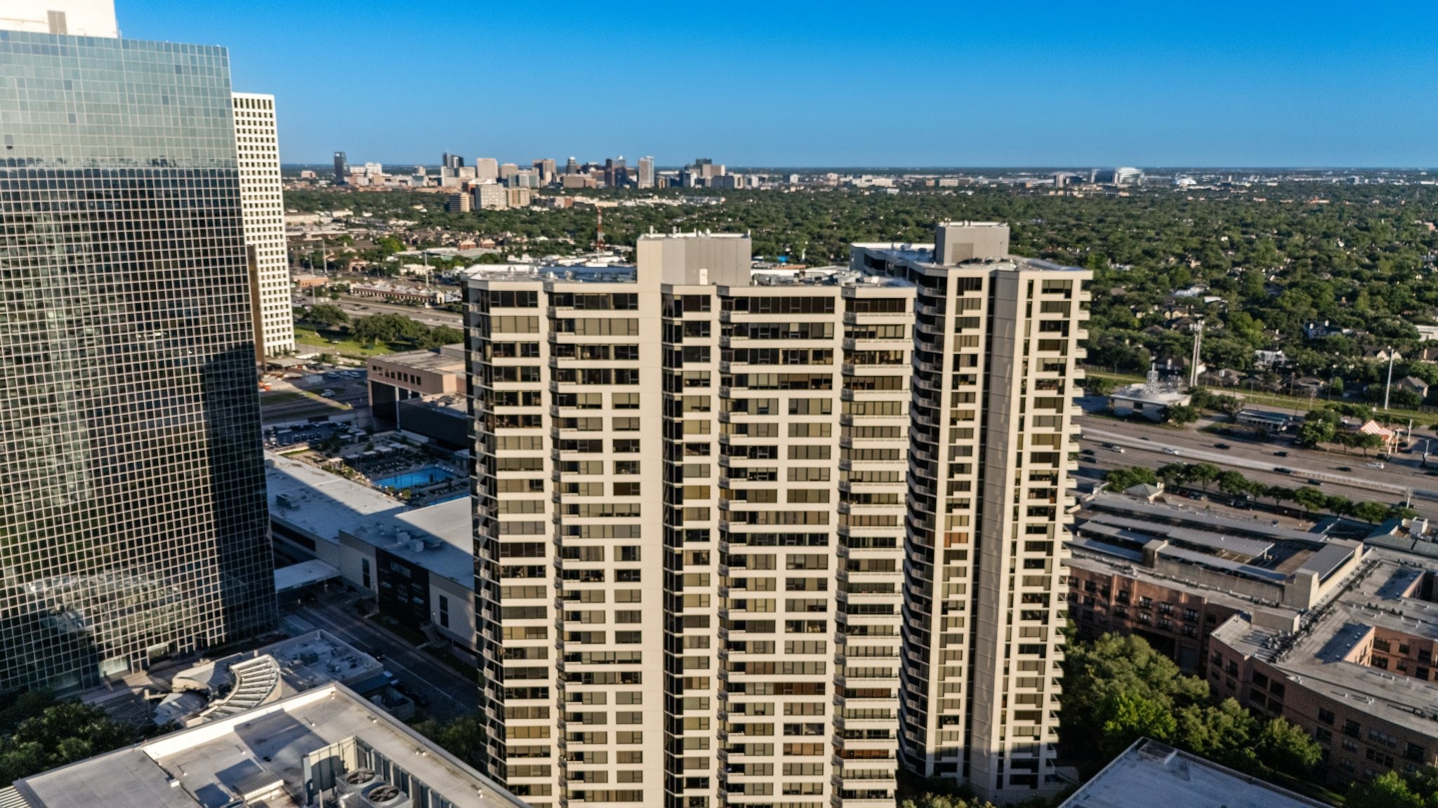 View of The Greenway looking East with views of the Texas Medical Center.