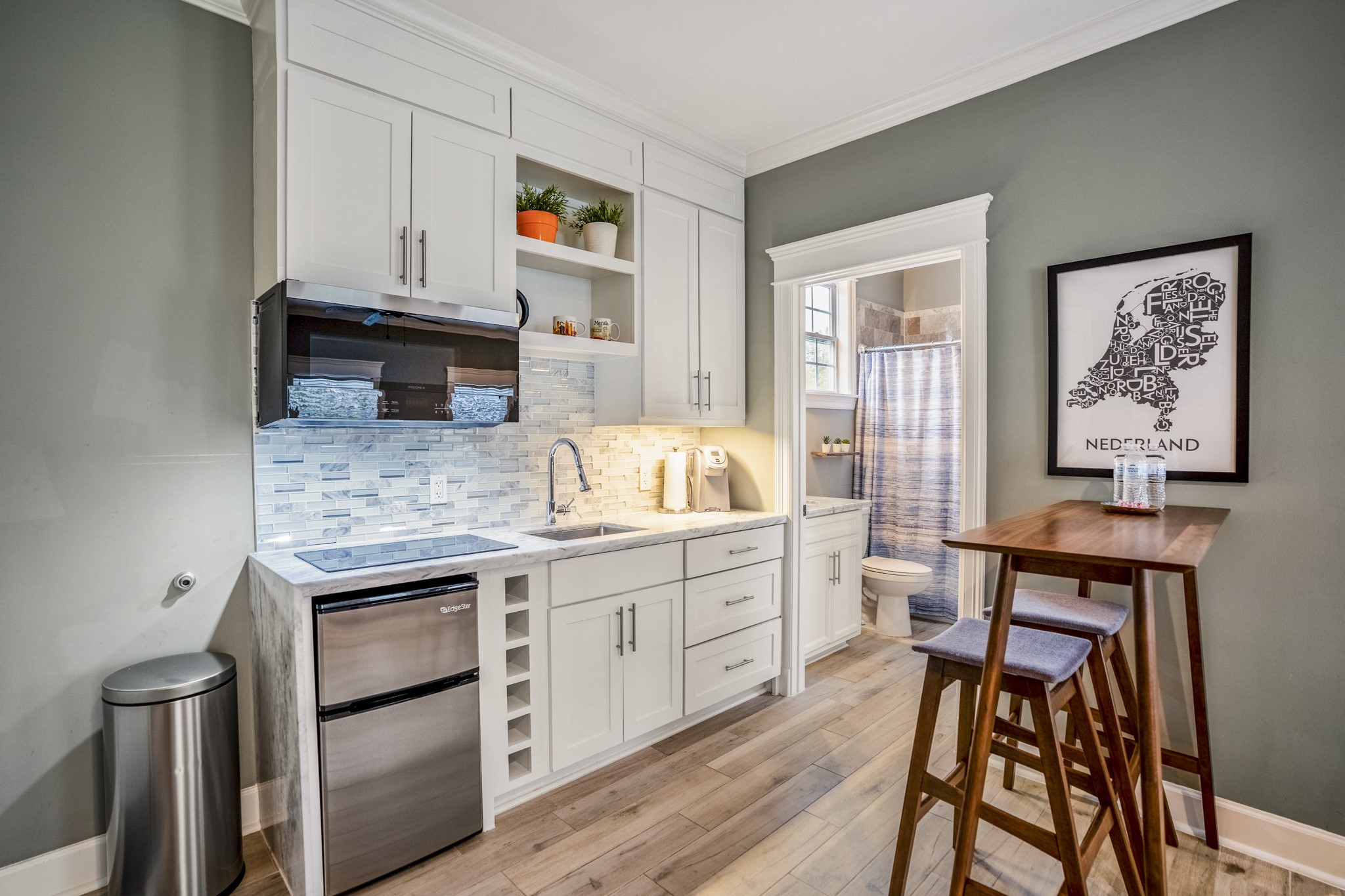 Kitchenette has a small fridge, cooktop, and microwave. Notice the full bathroom in this view.