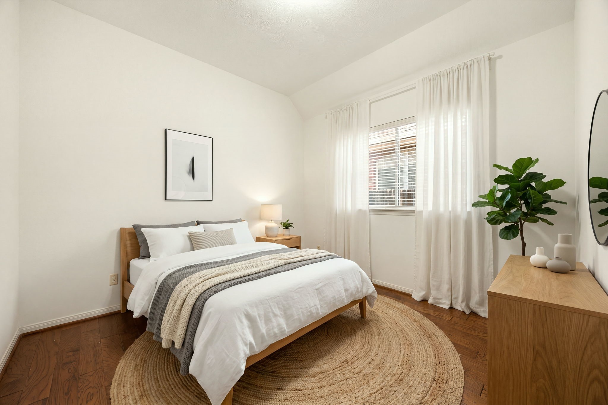 This bright and airy secondary bedroom offers a tranquil retreat for family or guests, featuring continuous hardwood flooring and crisp white walls that enhance the open feel. *Virtually Staged