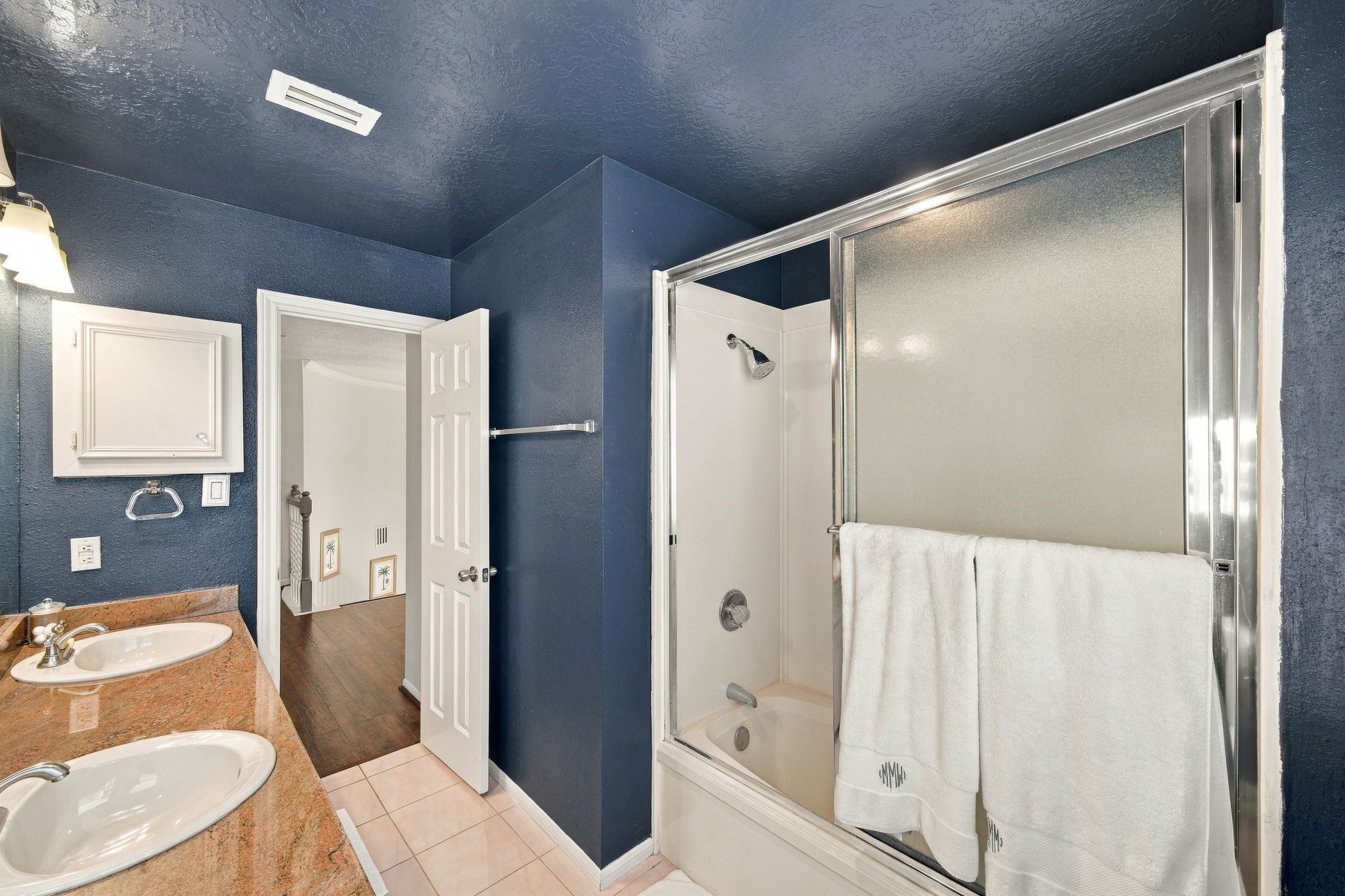 The secondary bath has bold navy accent walls and a tub and shower combination.
