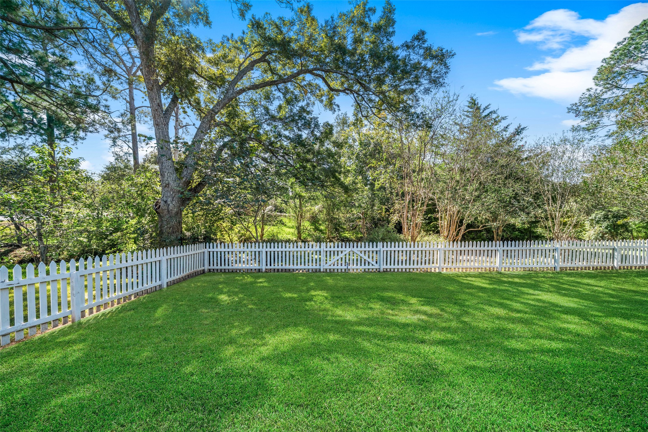 Spacious fenced yard with an open lawn and established trees along the perimeter.