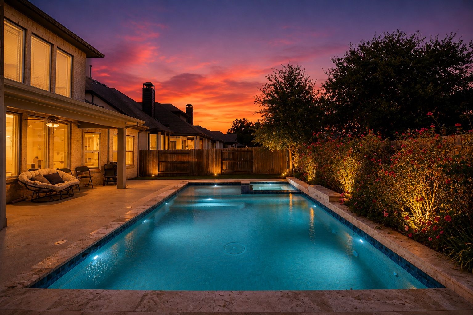 Relax in this stunning backyard oasis featuring a sparkling pool, ambient lighting, and a cozy patio, all set against a breathtaking sunset.